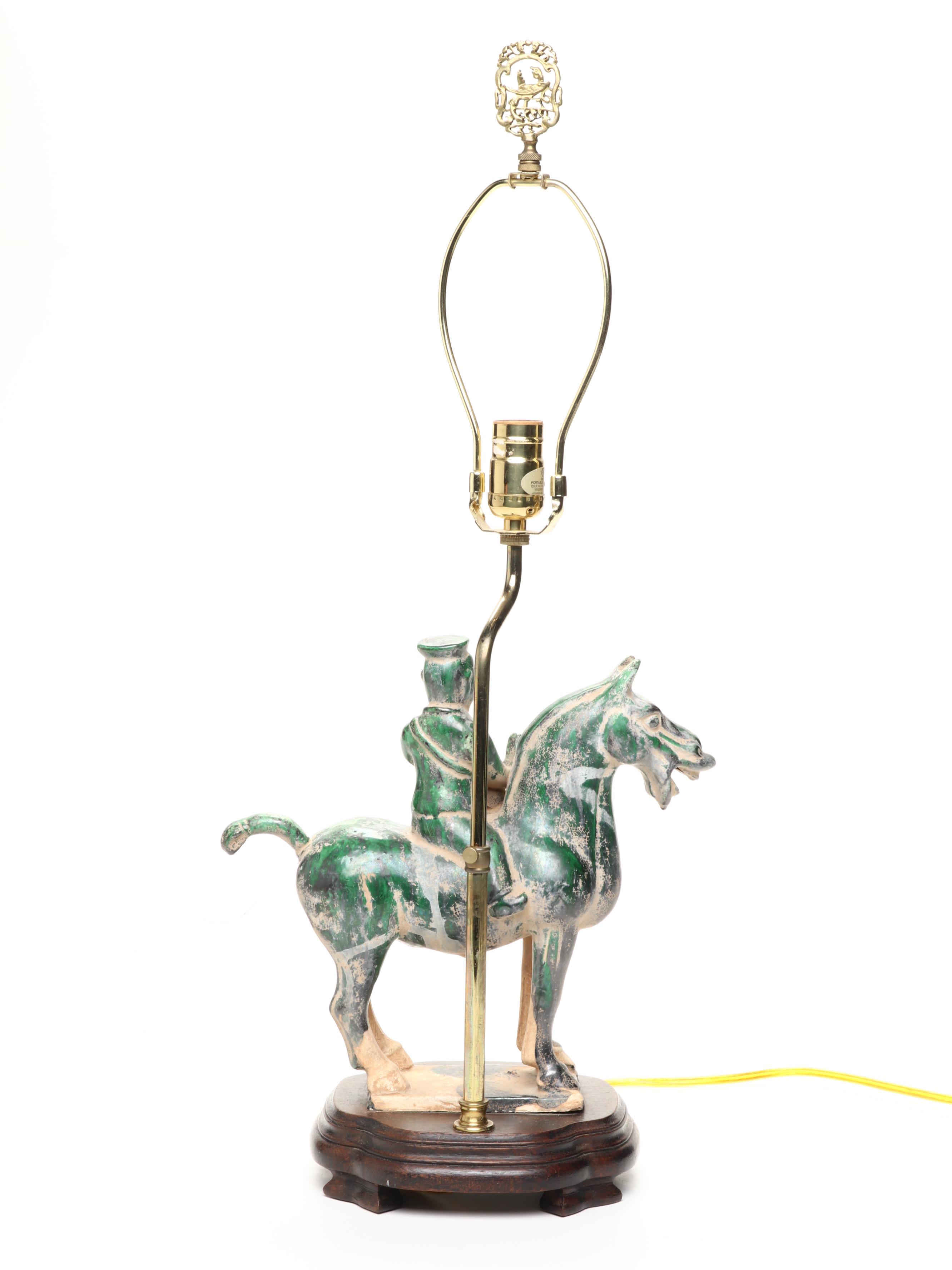 Windermere  Lamps Green Glazed Ceramic Horse and Rider Table Lamp