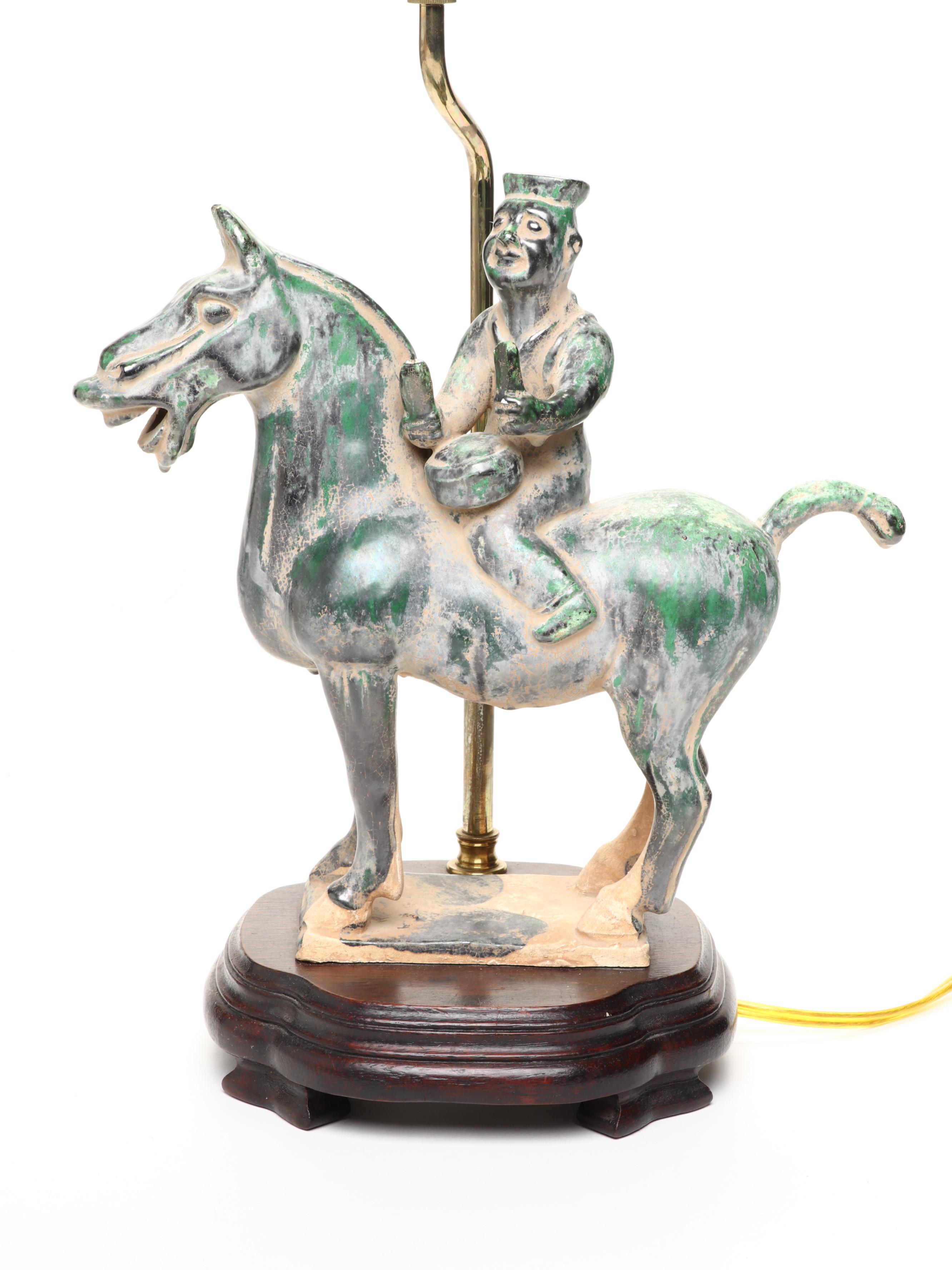 Windermere  Lamps Green Glazed Ceramic Horse and Rider Table Lamp