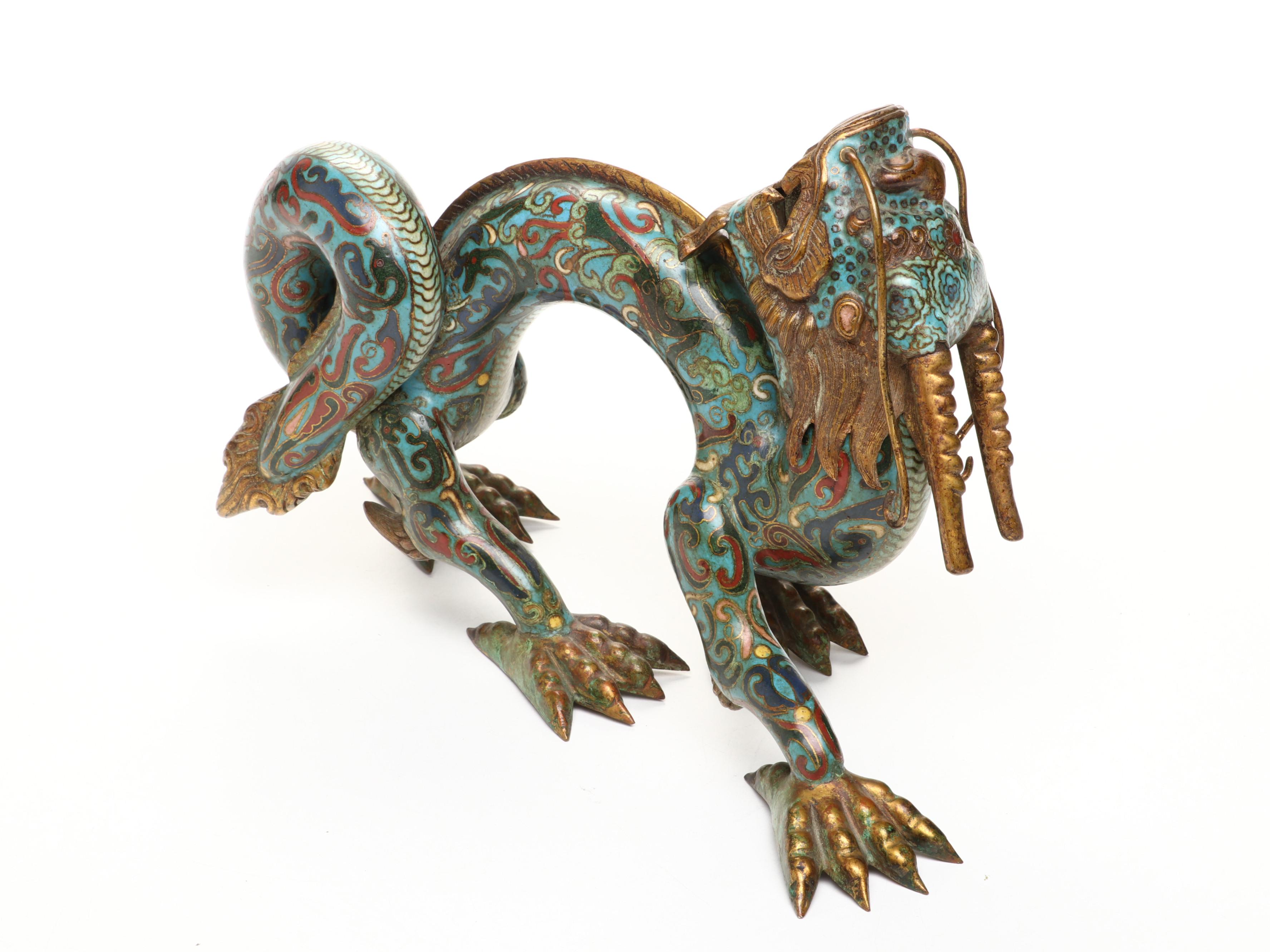 Chinese Qing Dynasty Cloisonné Dragon Form Oil Lamp