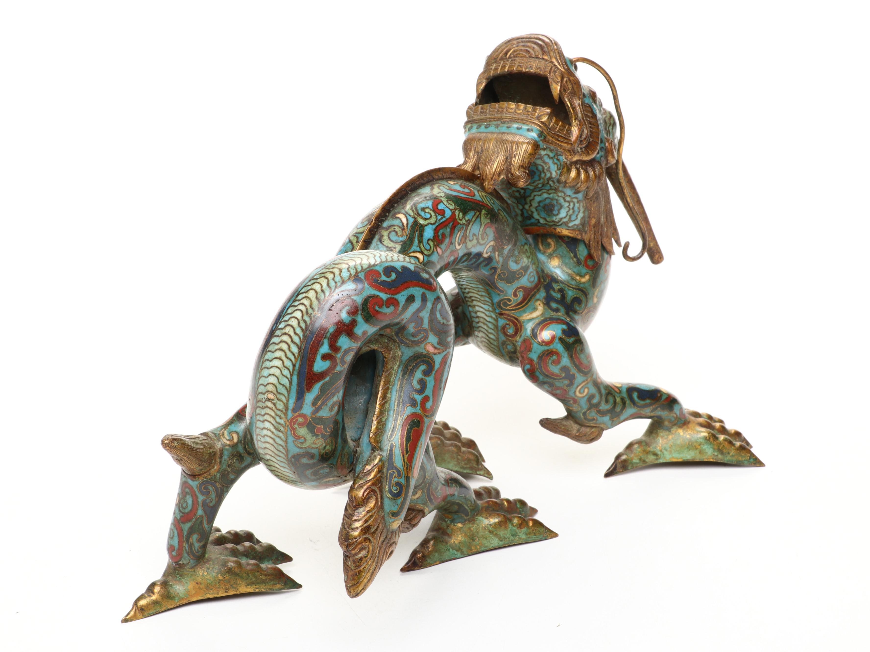 Chinese Qing Dynasty Cloisonné Dragon Form Oil Lamp