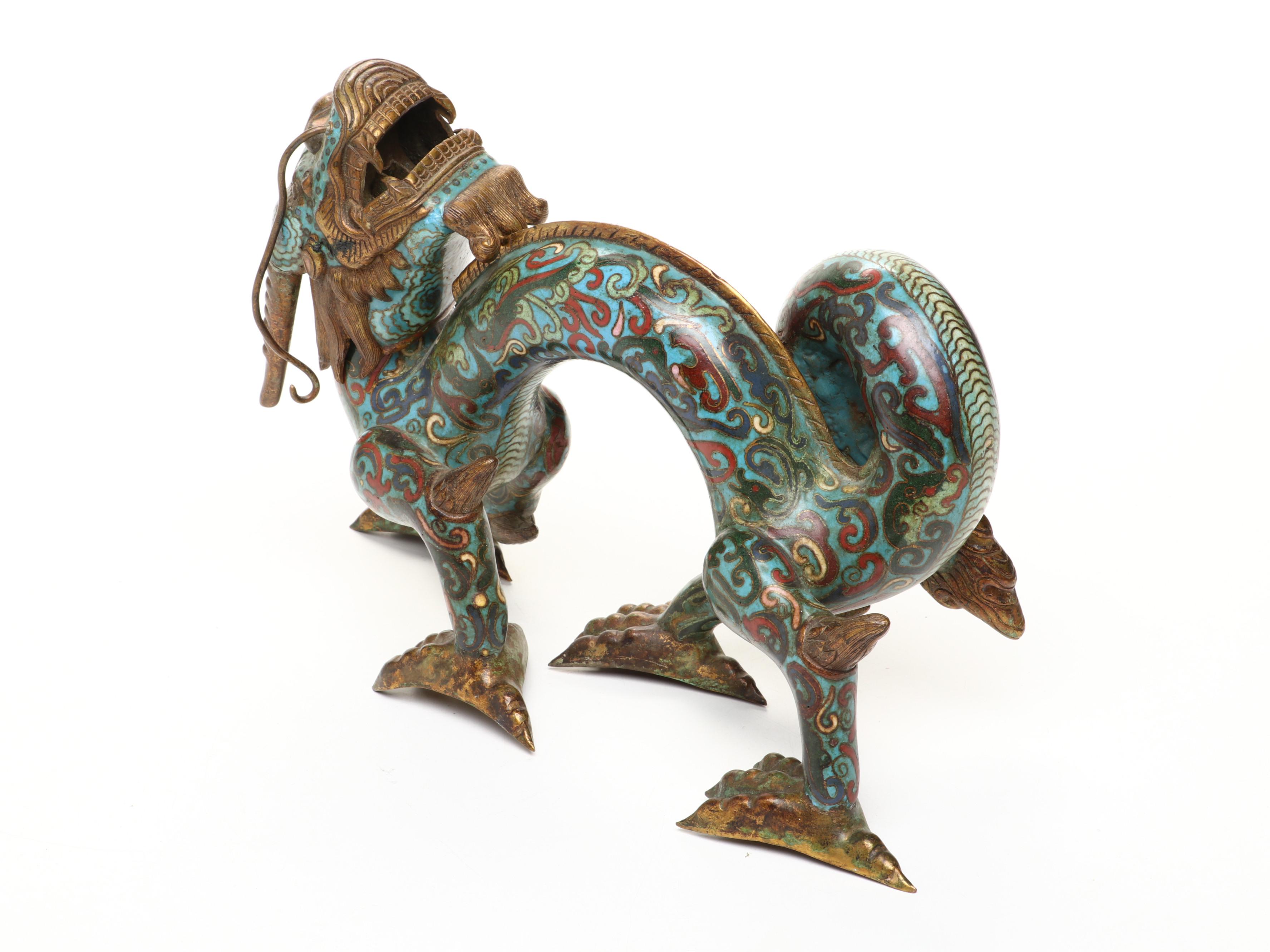 Chinese Qing Dynasty Cloisonné Dragon Form Oil Lamp