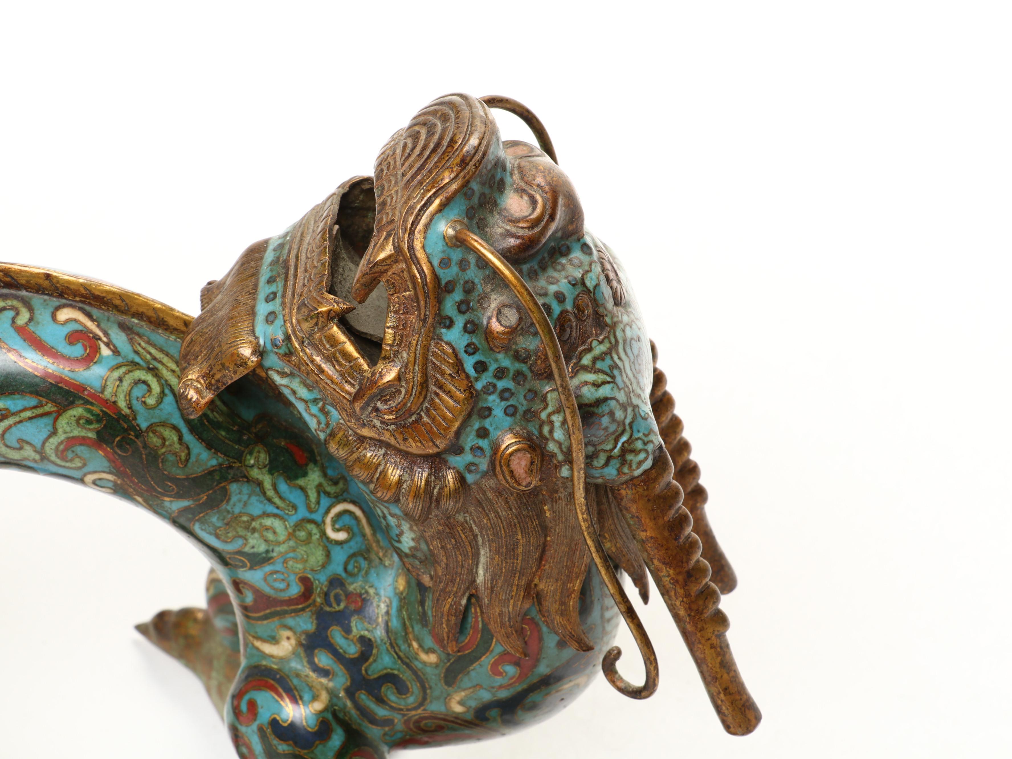 Chinese Qing Dynasty Cloisonné Dragon Form Oil Lamp