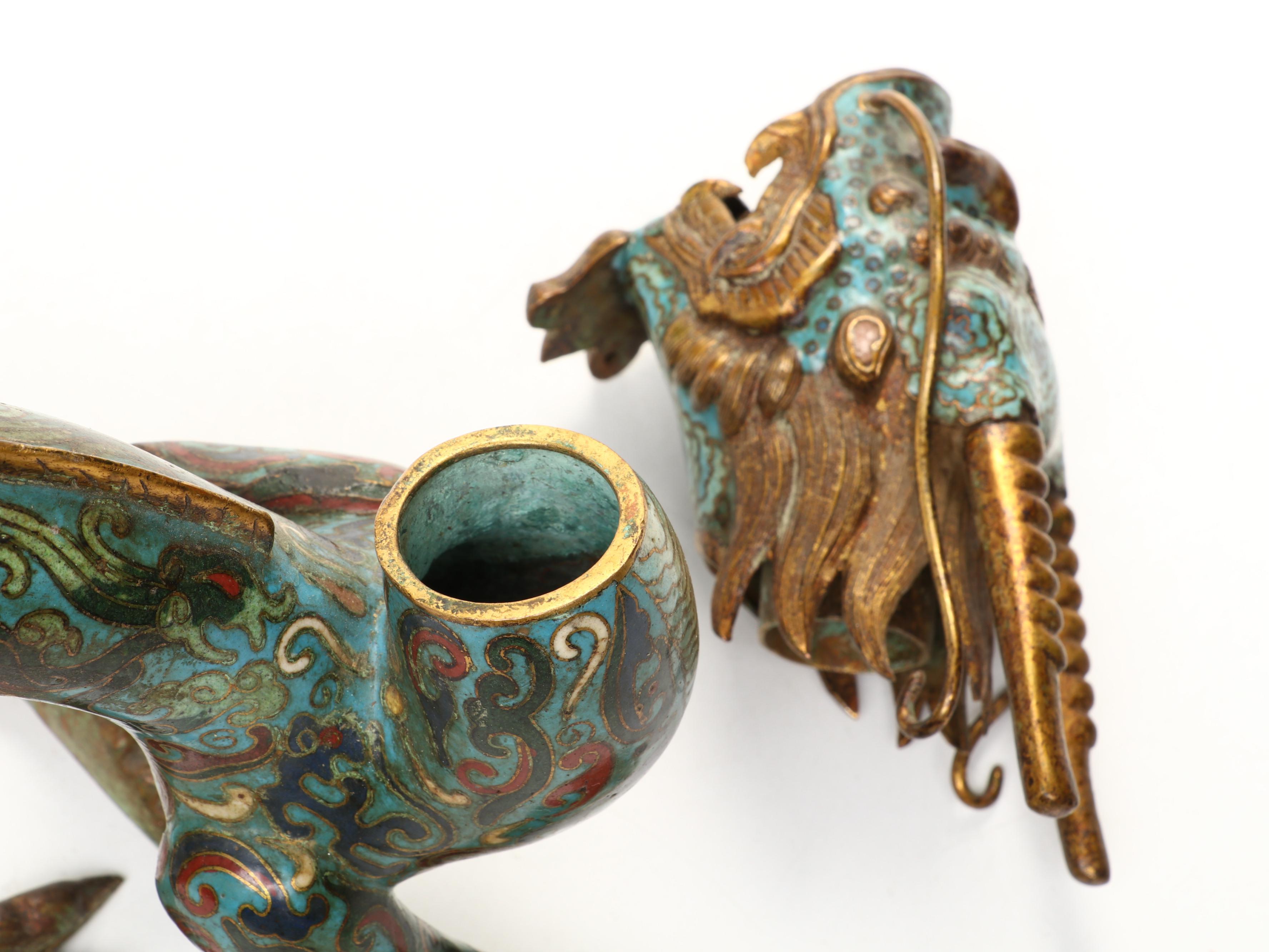 Chinese Qing Dynasty Cloisonné Dragon Form Oil Lamp