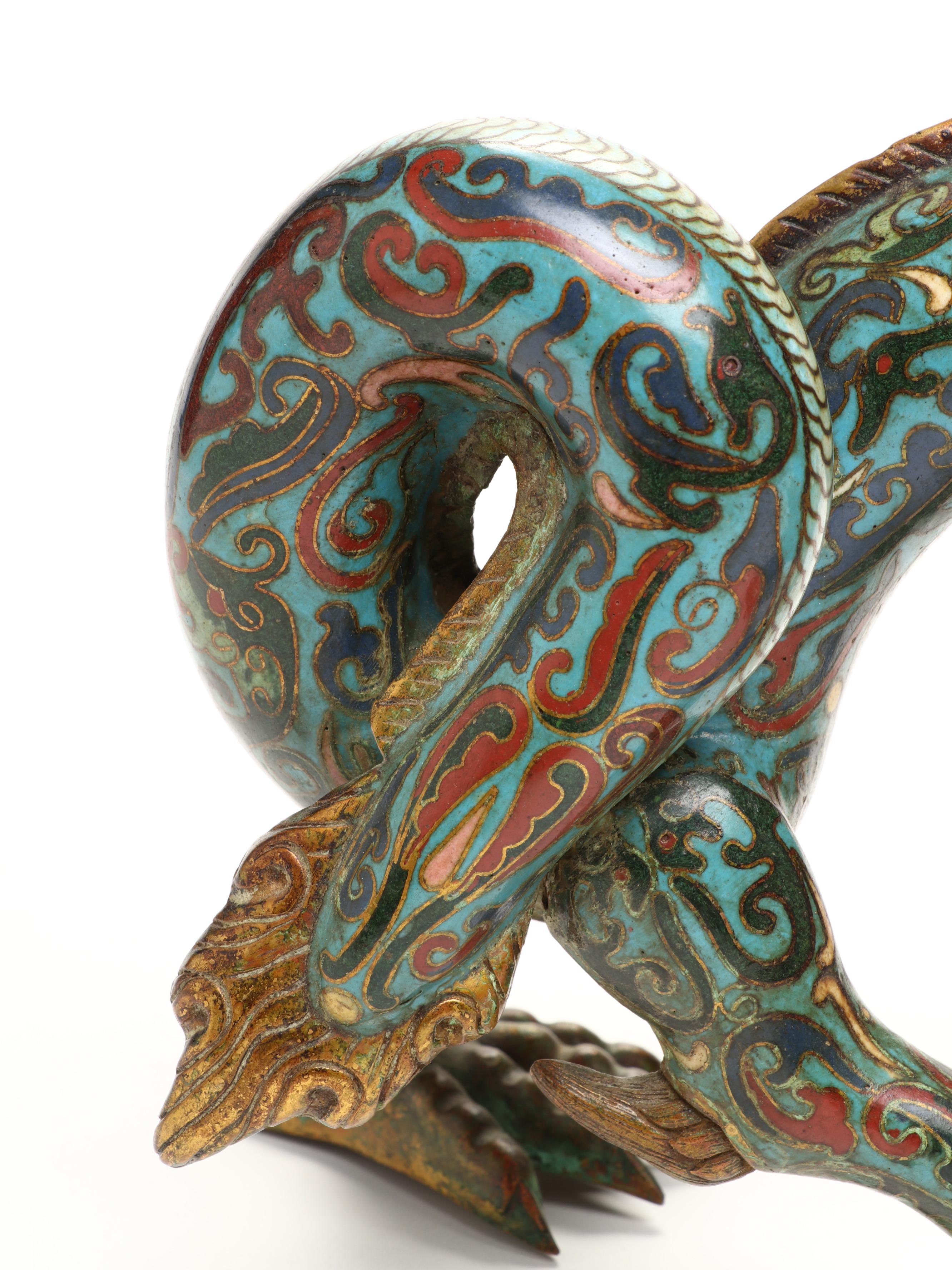 Chinese Qing Dynasty Cloisonné Dragon Form Oil Lamp