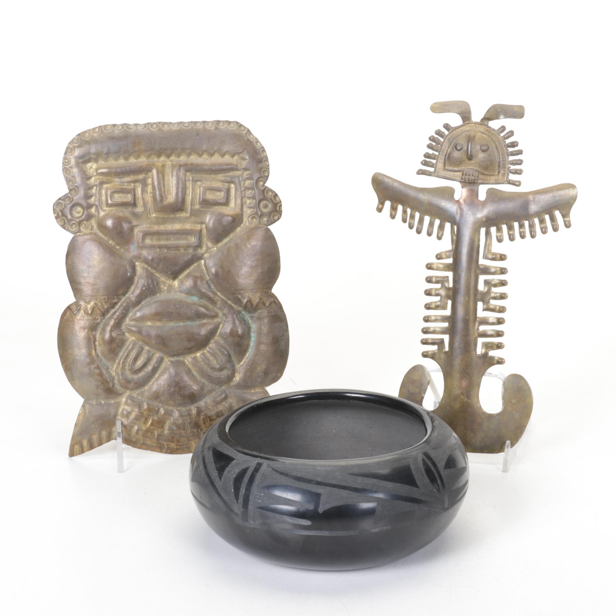 Inca Tumi Ceremonial Knife with Santa Clara Etched Bowl & Mayan Effigy Relief