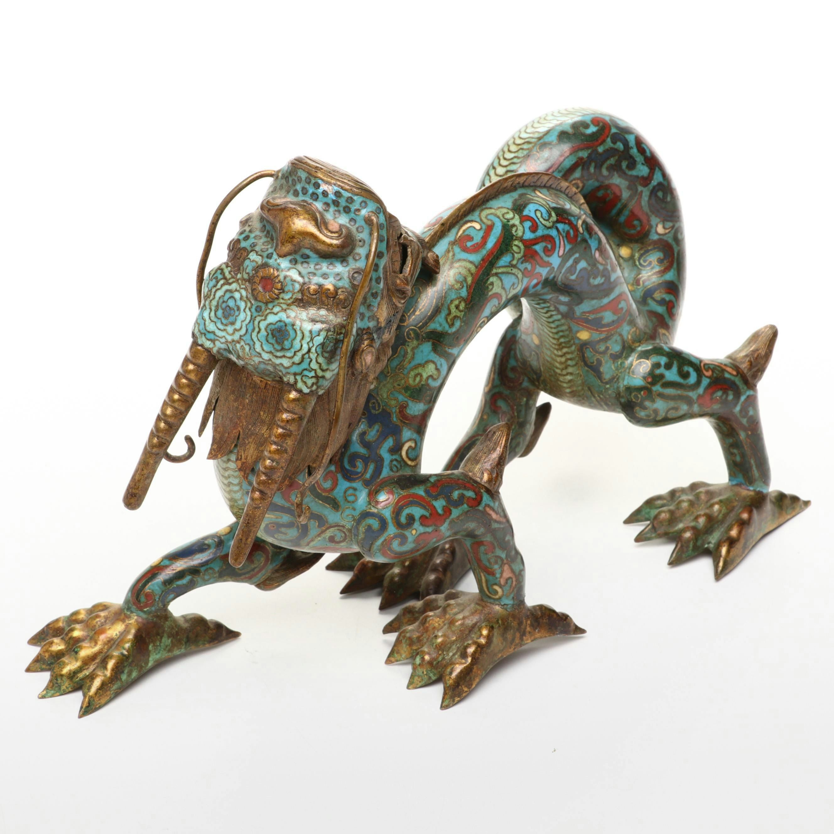 Chinese Qing Dynasty Cloisonné Dragon Form Oil Lamp