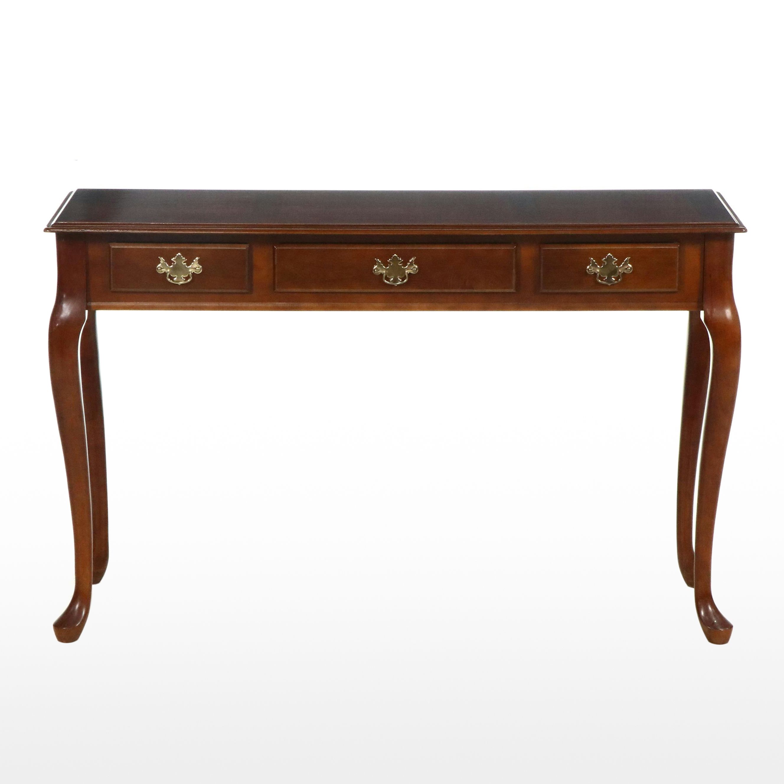 Queen Anne Style Cherrywood-Stained Three-Drawer Console Table