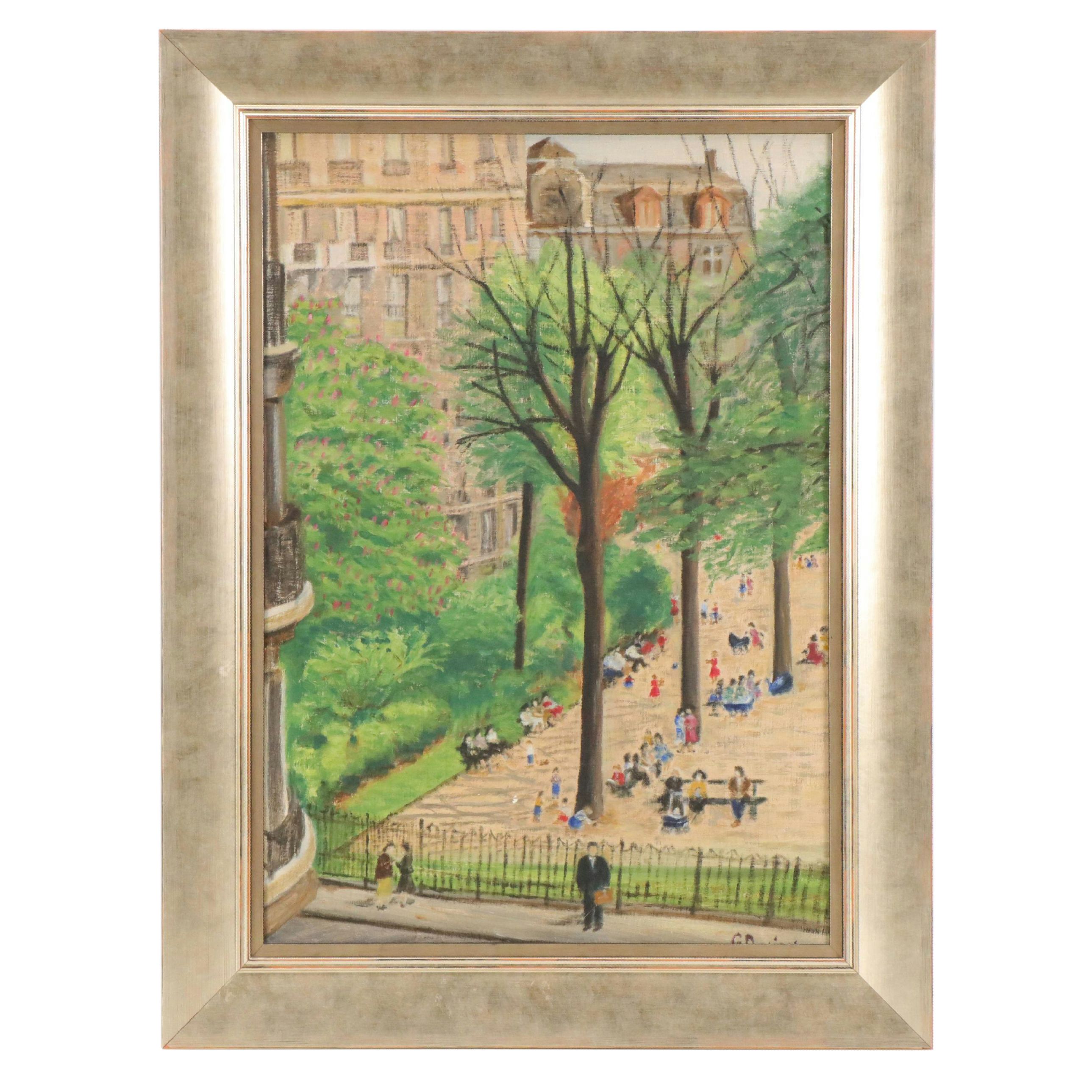 City Park Scene Oil Painting, Mid-20th Century