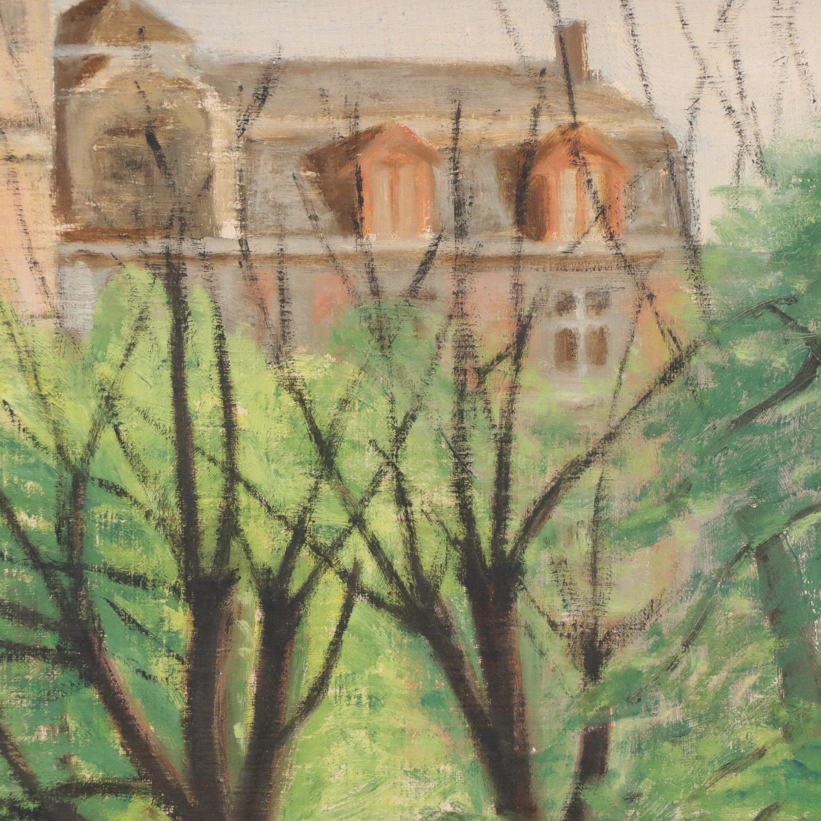 City Park Scene Oil Painting, Mid-20th Century