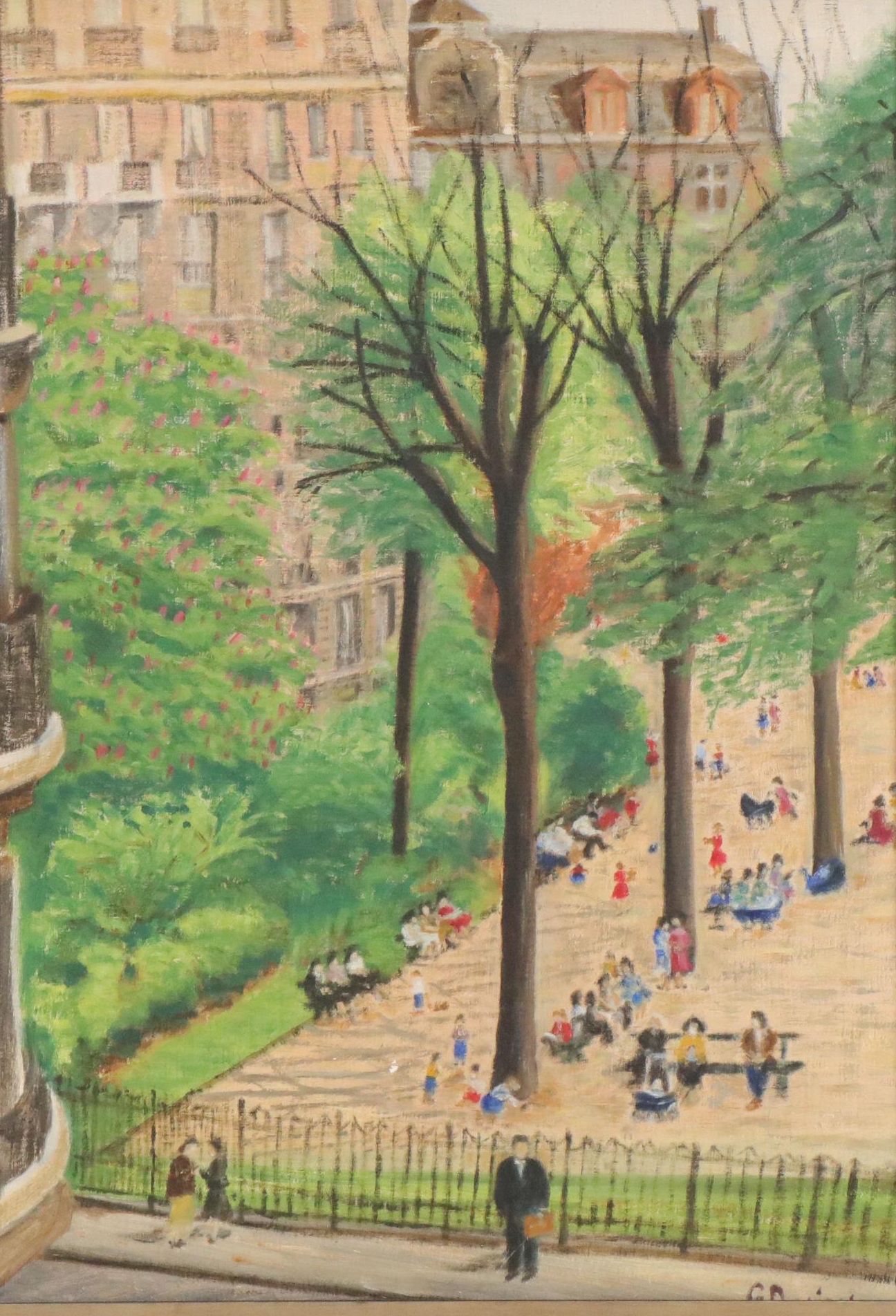 City Park Scene Oil Painting, Mid-20th Century