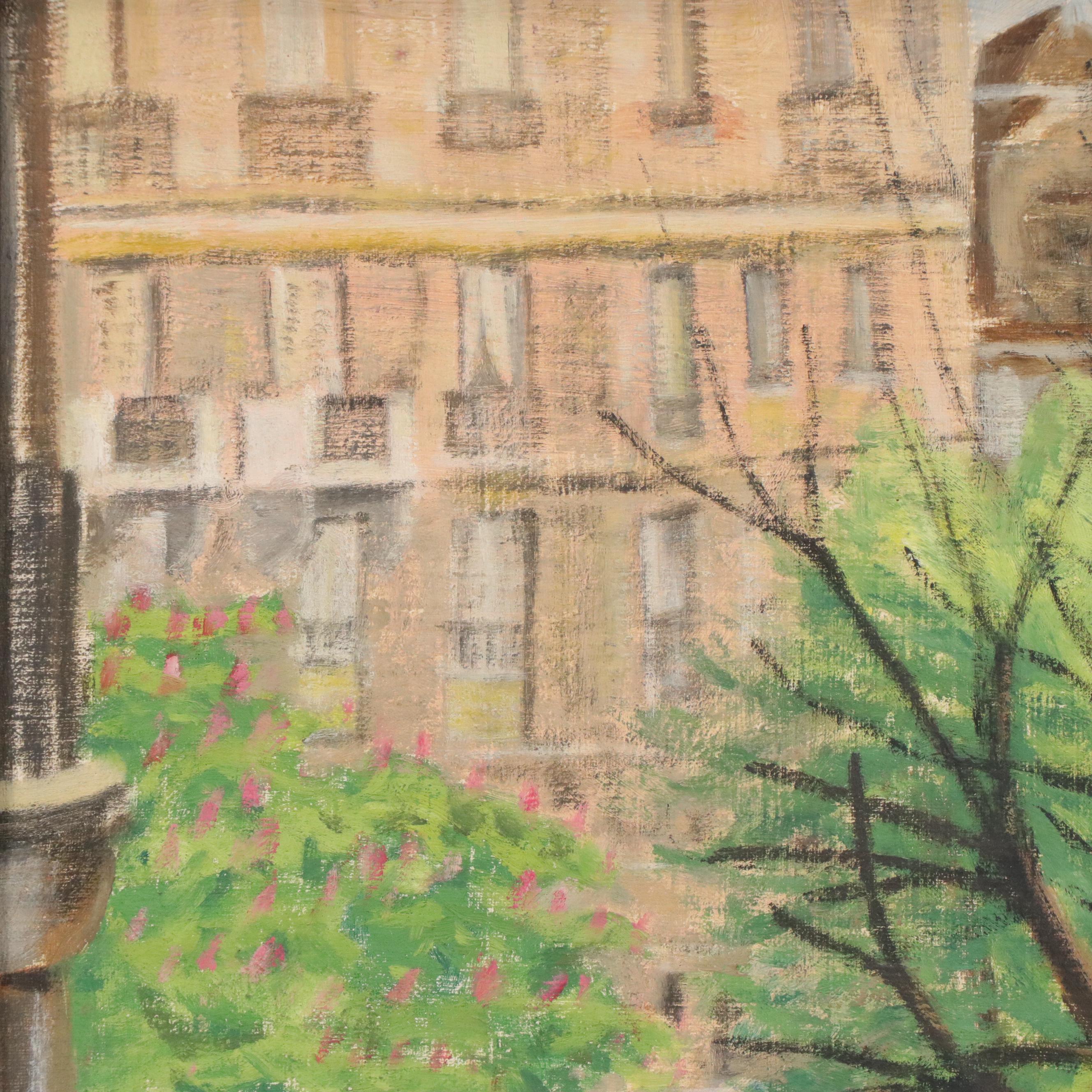 City Park Scene Oil Painting, Mid-20th Century