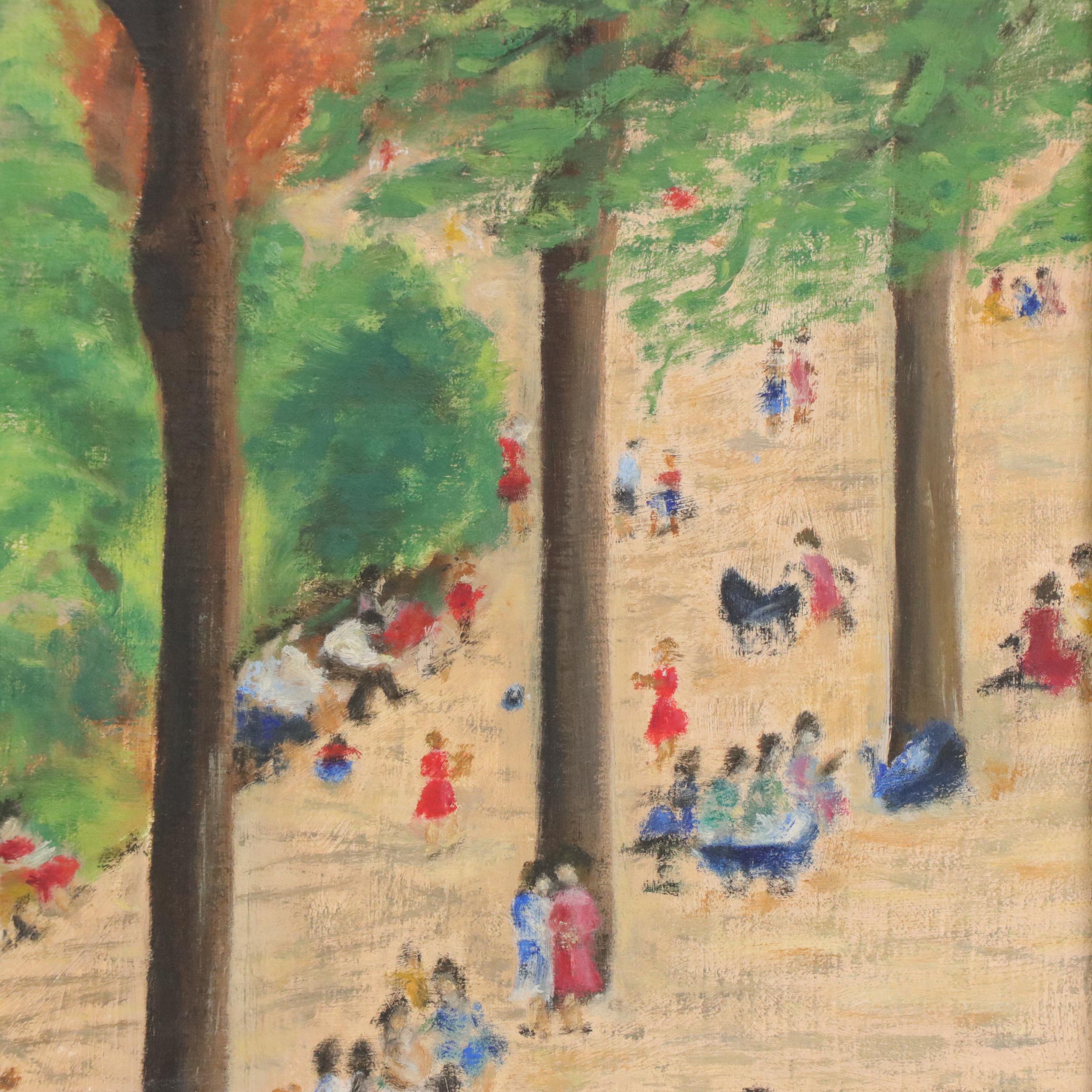 City Park Scene Oil Painting, Mid-20th Century