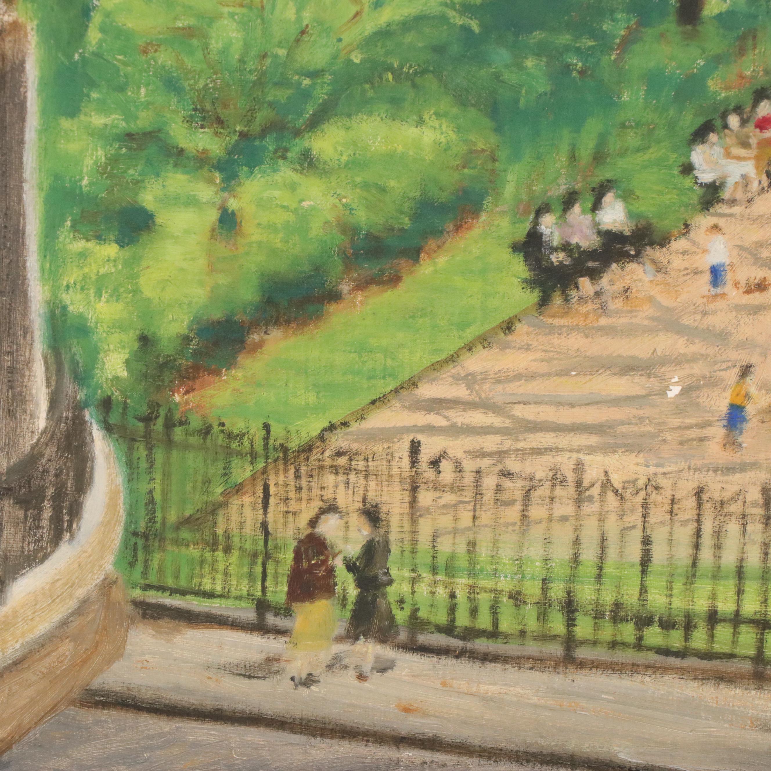 City Park Scene Oil Painting, Mid-20th Century