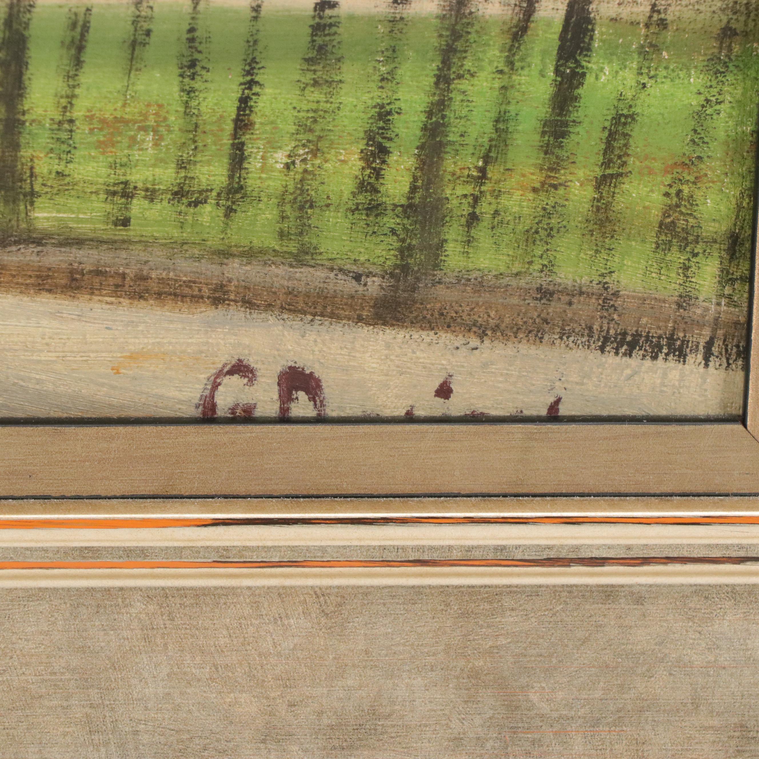 City Park Scene Oil Painting, Mid-20th Century