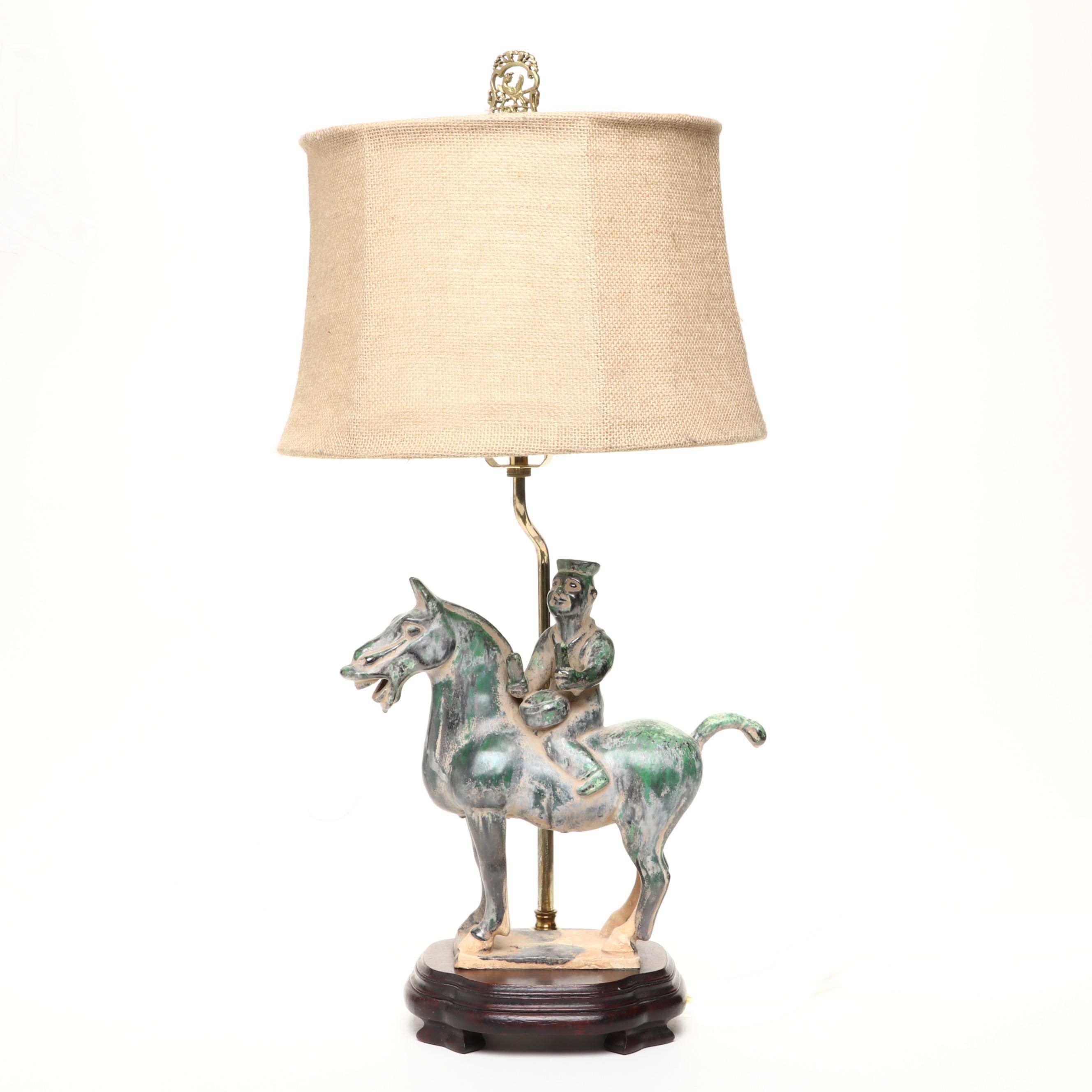 Windermere  Lamps Green Glazed Ceramic Horse and Rider Table Lamp