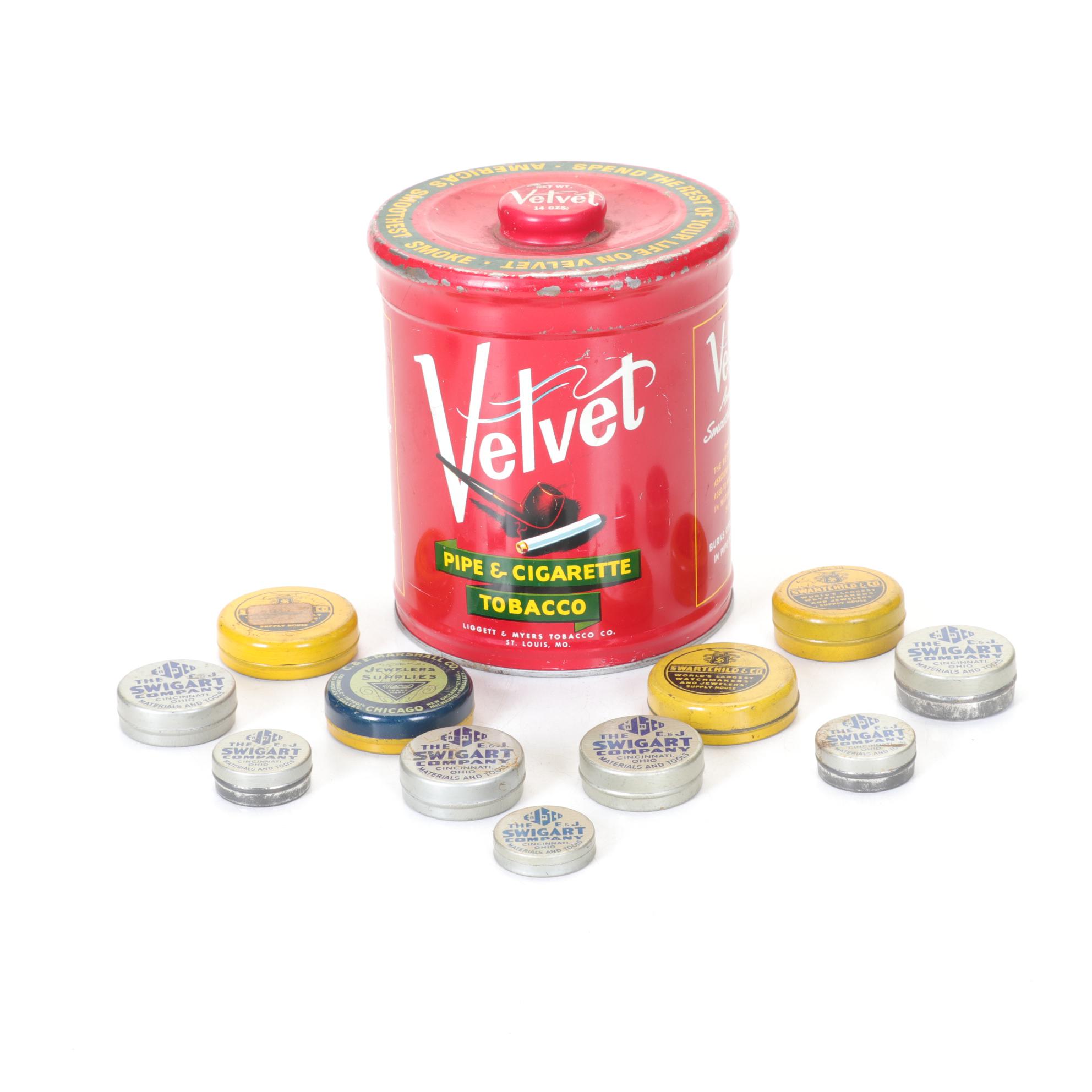 Velvet Pipe & Cigarette Tobacco Tin with Jewelry Tins & "Antique Week" Newspaper