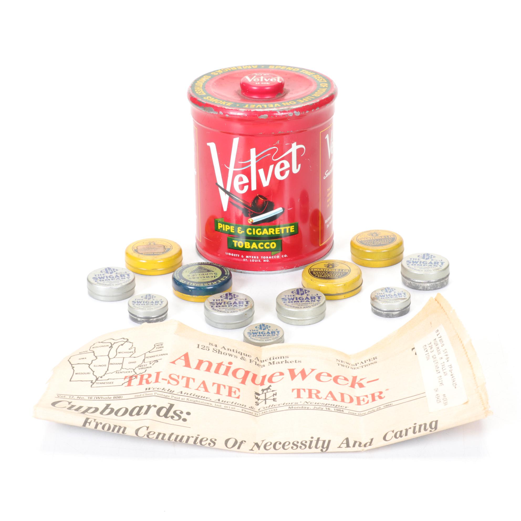 Velvet Pipe & Cigarette Tobacco Tin with Jewelry Tins & "Antique Week" Newspaper