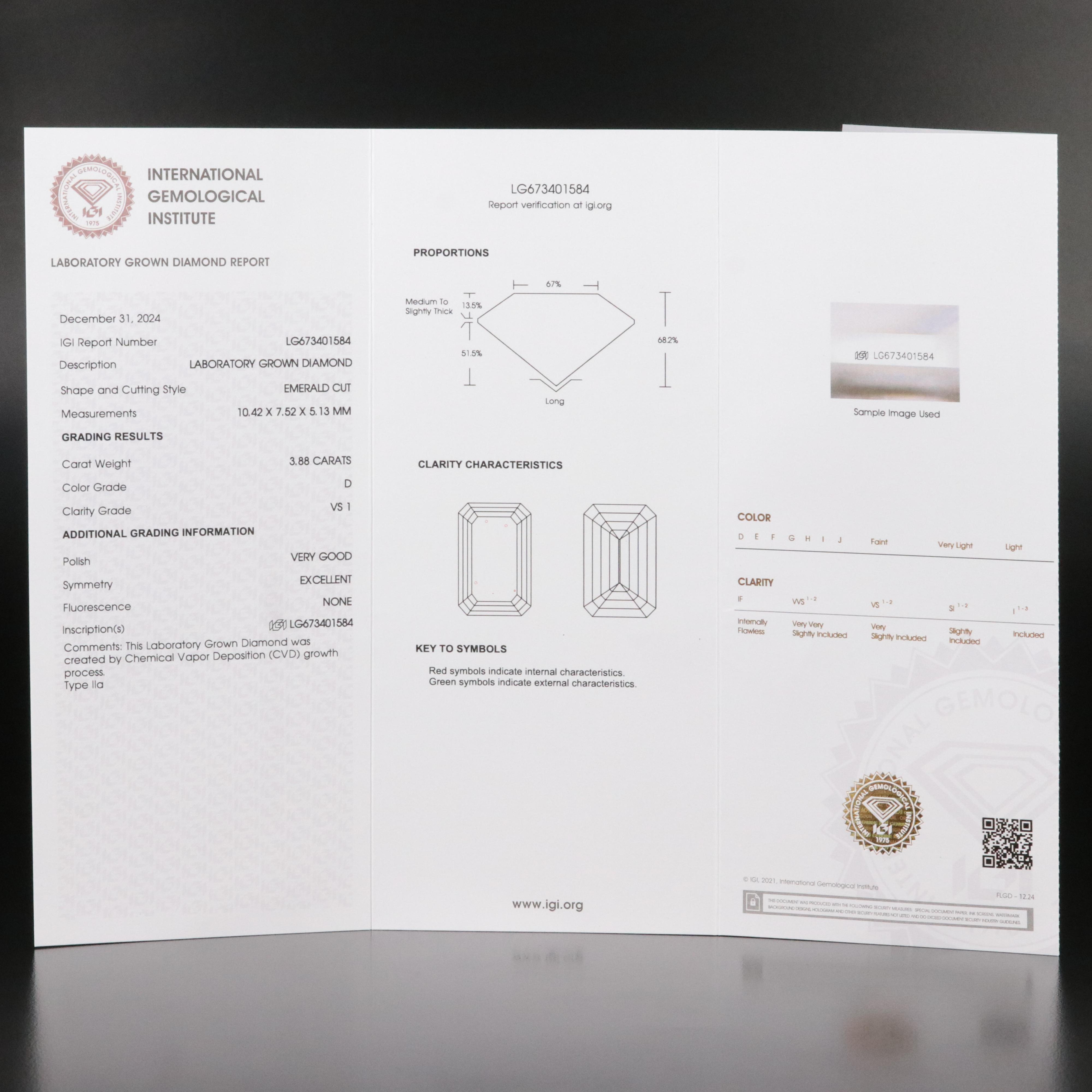 Loose 3.88 CT Lab Grown Diamond with IGI Report