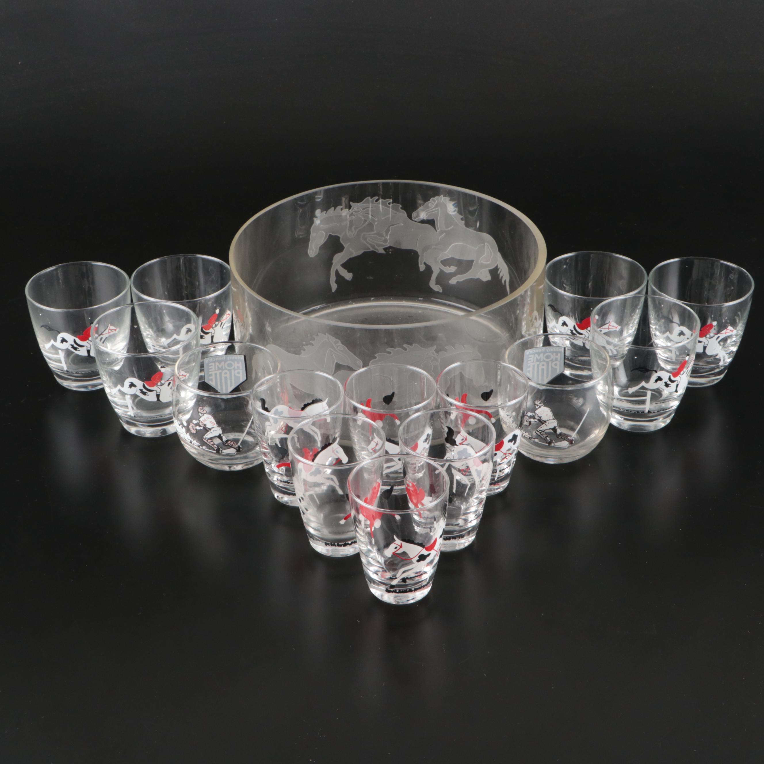 Equestrian Glass Bowl with Horse Jockey and Cincinnati Reds Glasses