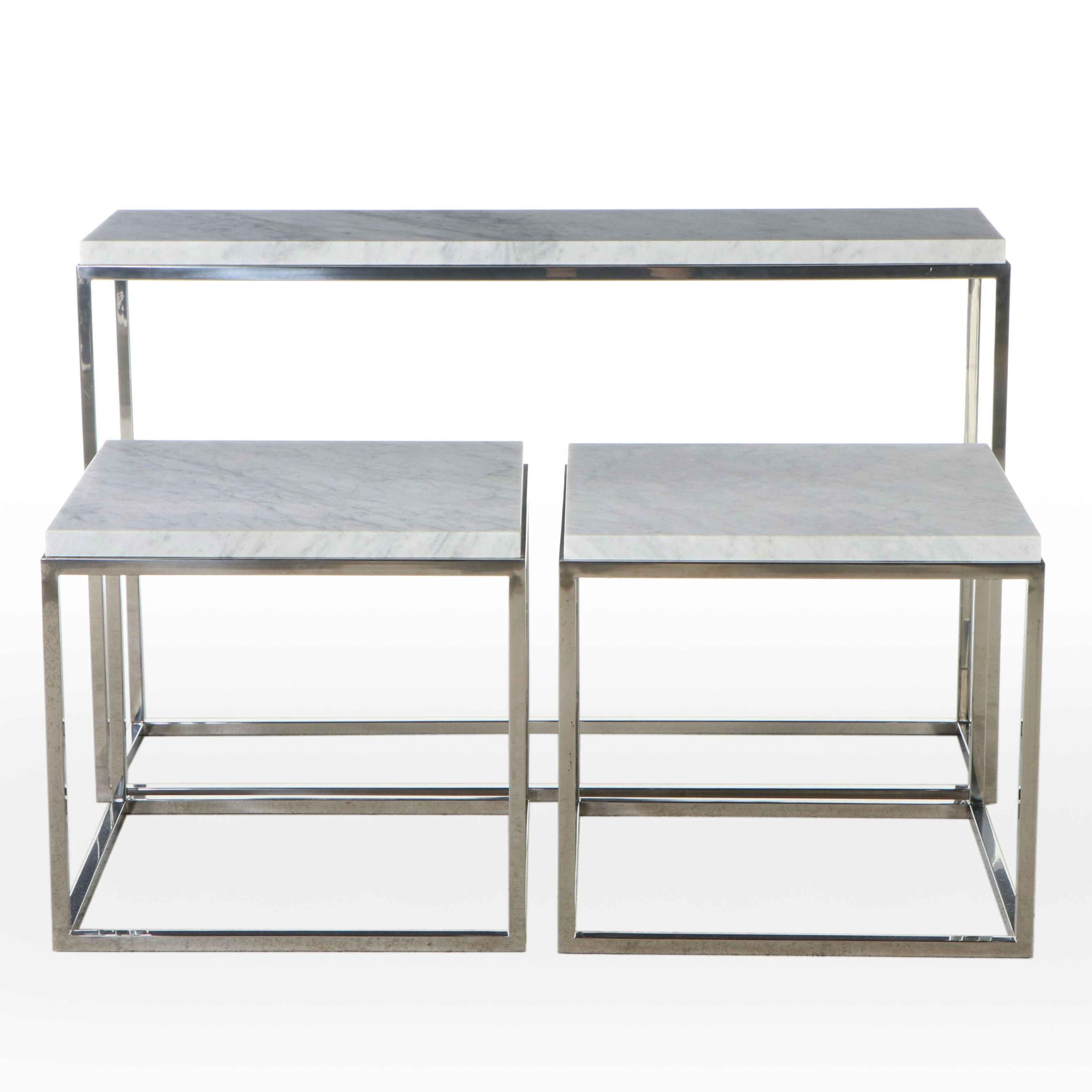 Modernist Style Chrome and Marble Side Tables and Console Table