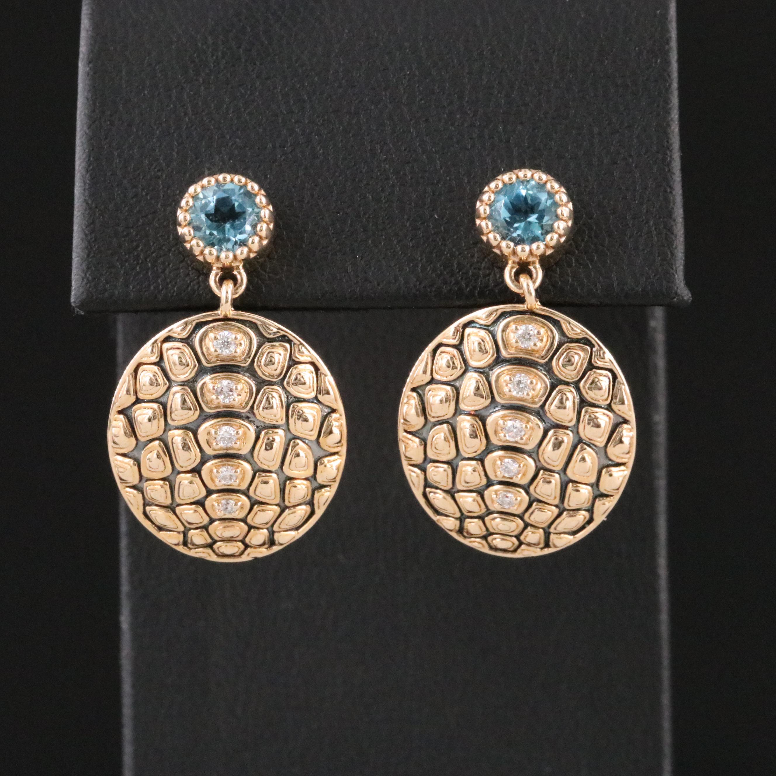 14K Blue Topaz and Diamond Turtle Shell Motif Earrings