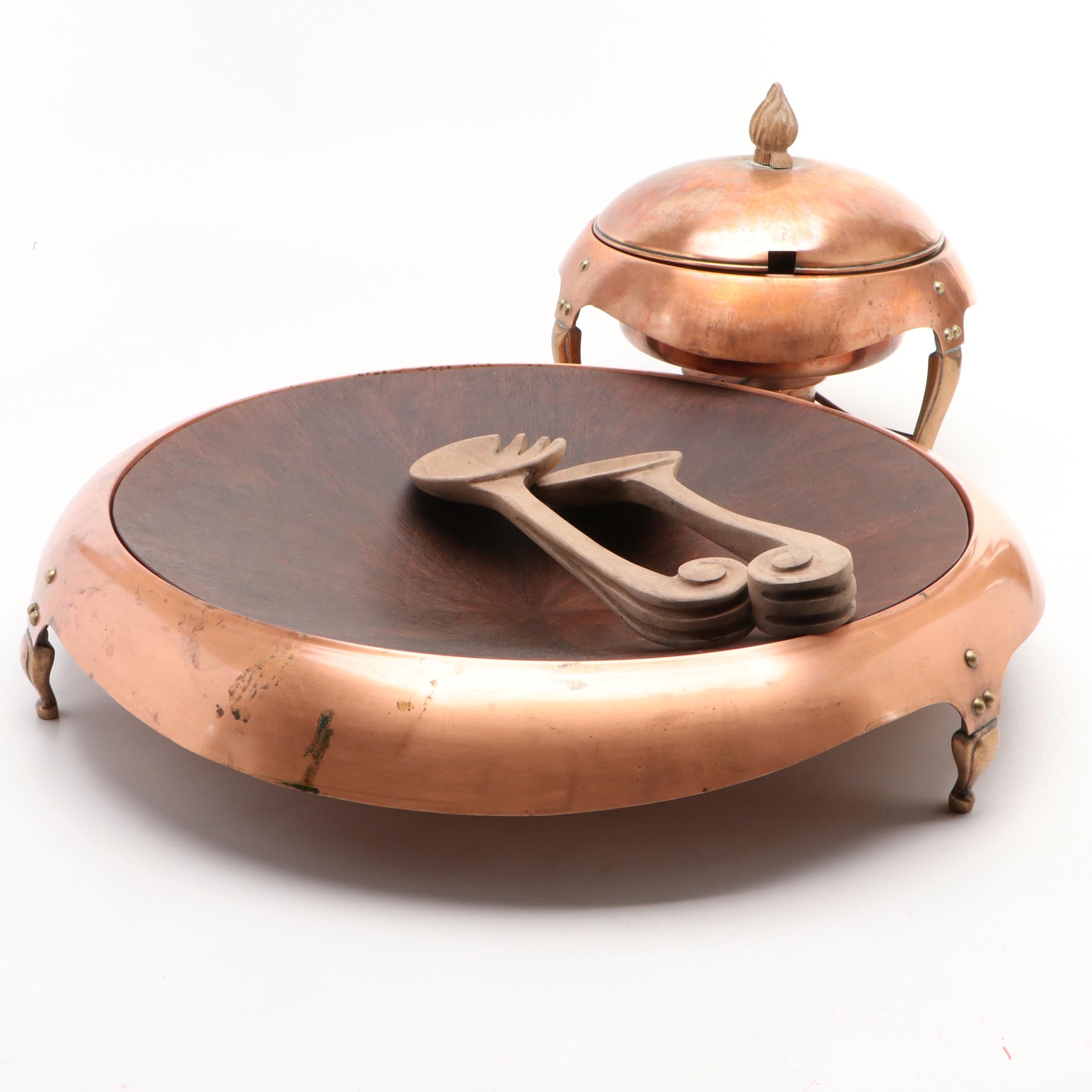 J. C. Moore Copper Chafing Dish with Salad Bowl and Serving Utensils