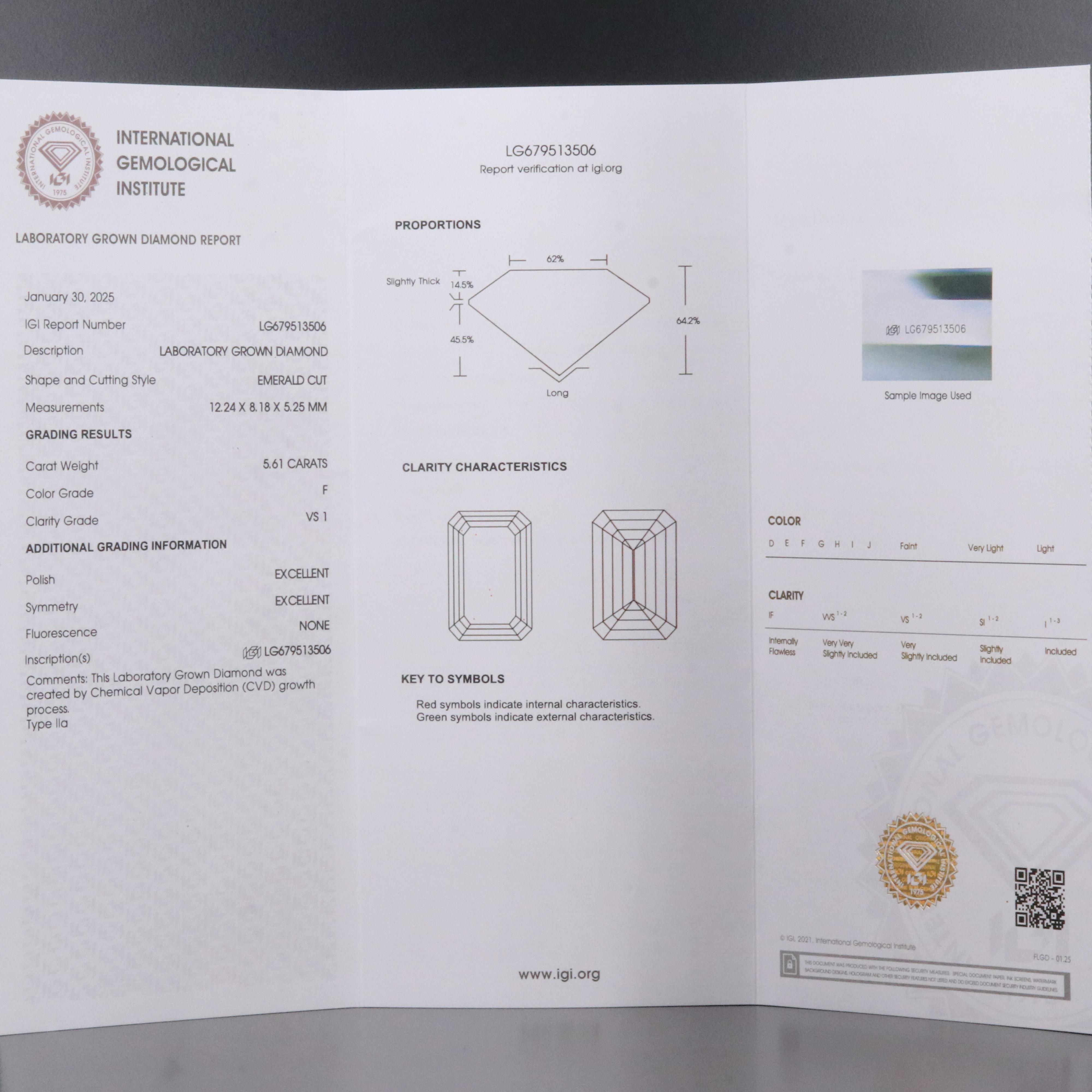 Platinum 5.61 CT Lab Grown Diamond Solitaire Ring with IGI Report