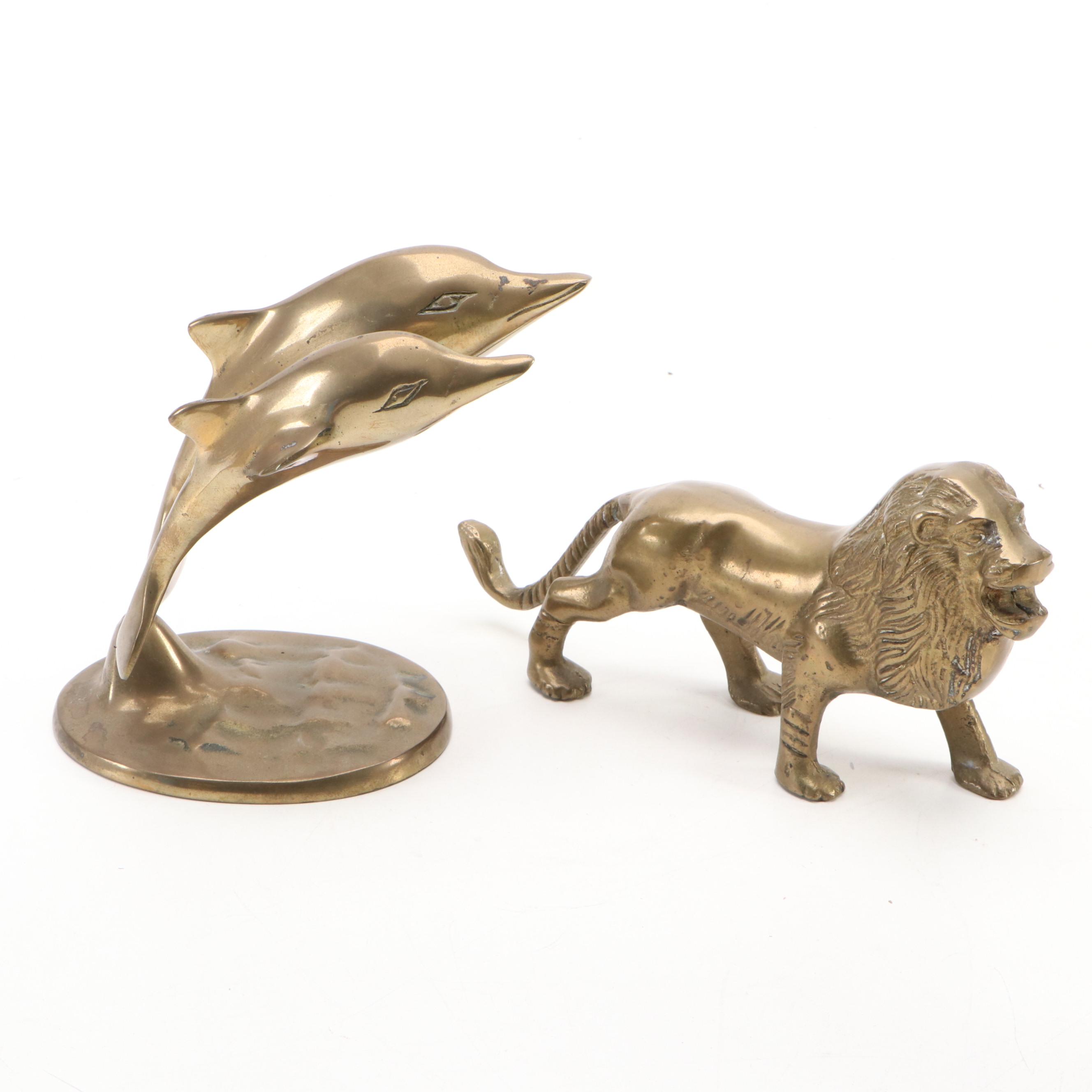 Cast Brass Lion, Leaping Dolphins, Ibex and Antelope, & Owl Under Umbrella