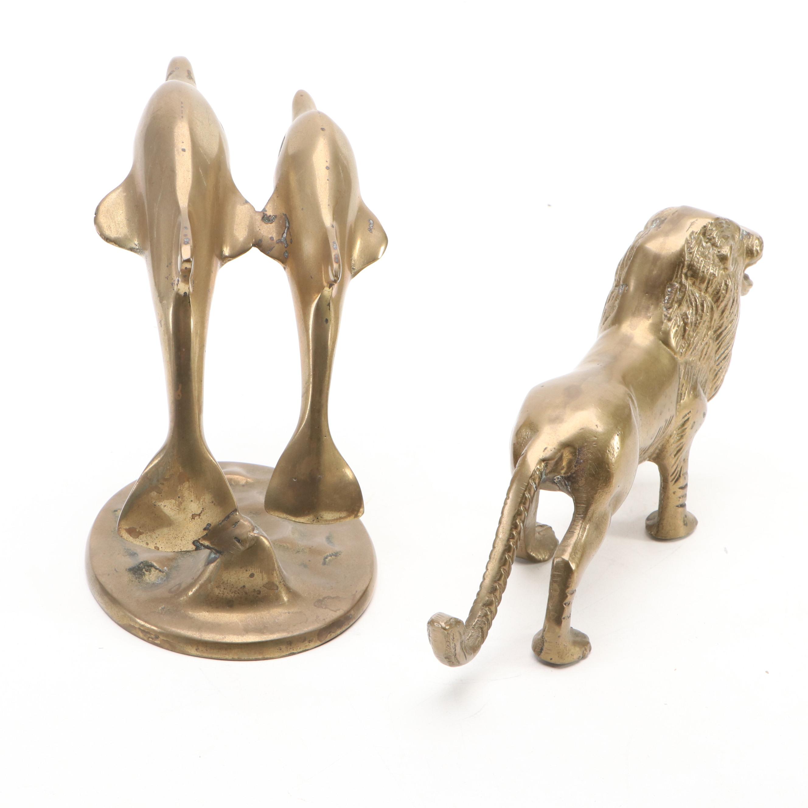 Cast Brass Lion, Leaping Dolphins, Ibex and Antelope, & Owl Under Umbrella