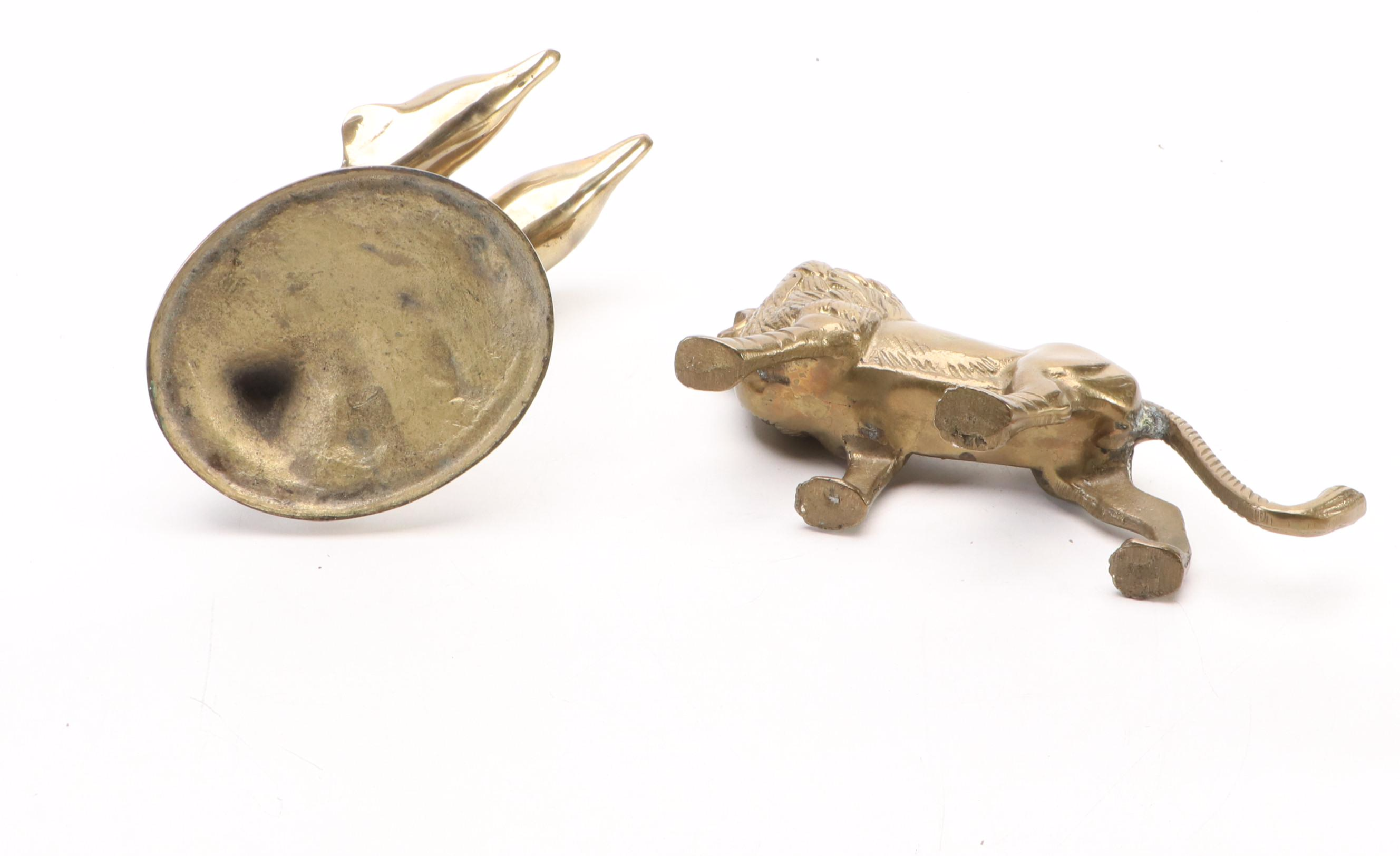 Cast Brass Lion, Leaping Dolphins, Ibex and Antelope, & Owl Under Umbrella