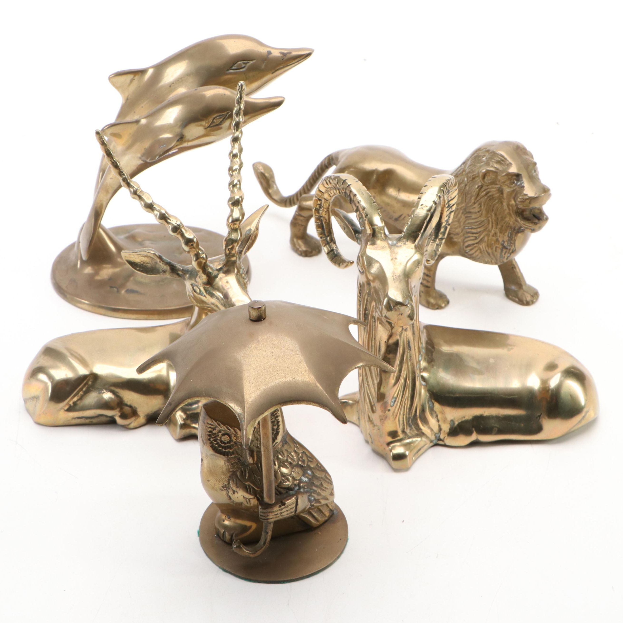 Cast Brass Lion, Leaping Dolphins, Ibex and Antelope, & Owl Under Umbrella