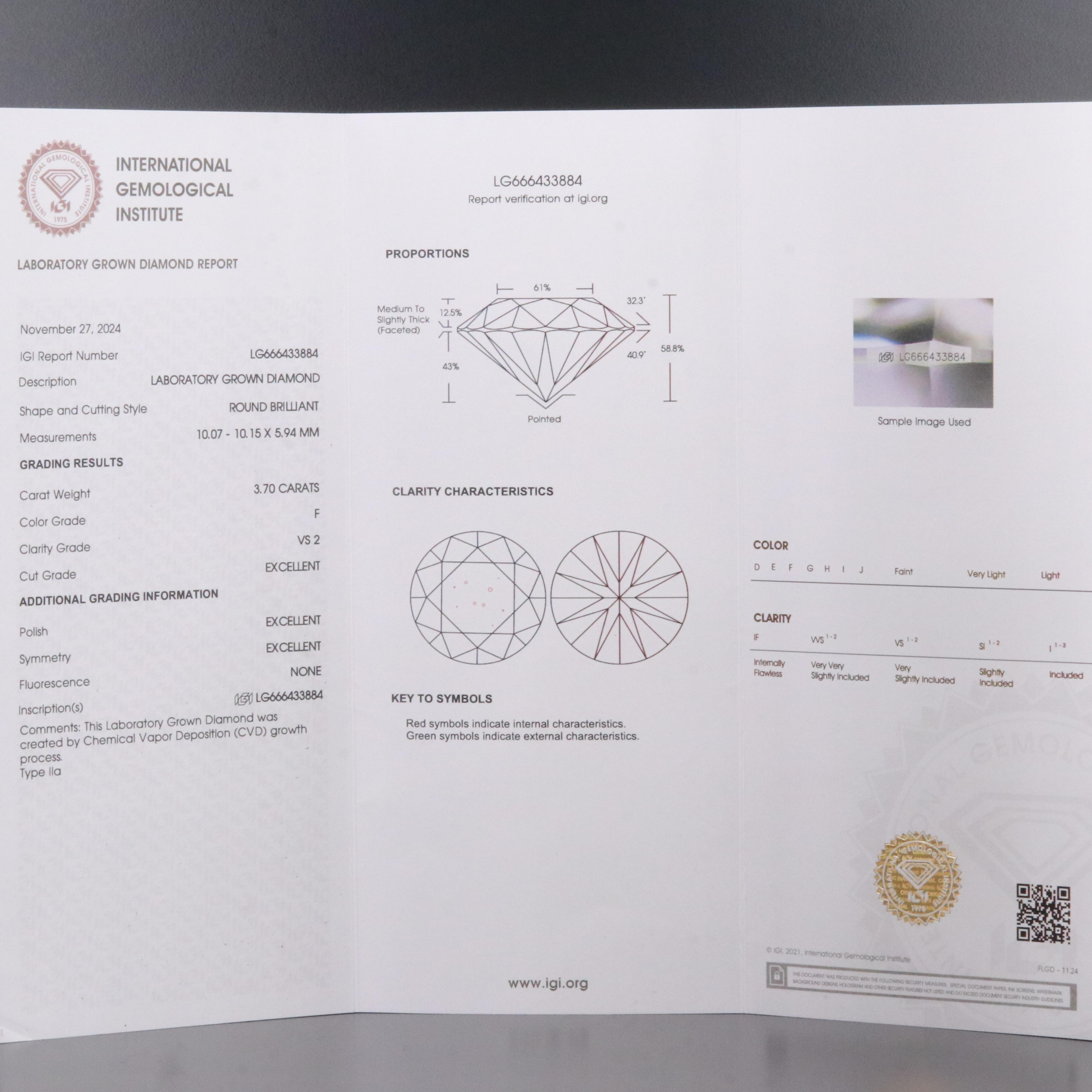 Platinum 3.70 CT Lab Grown Diamond Ring with IGI Report