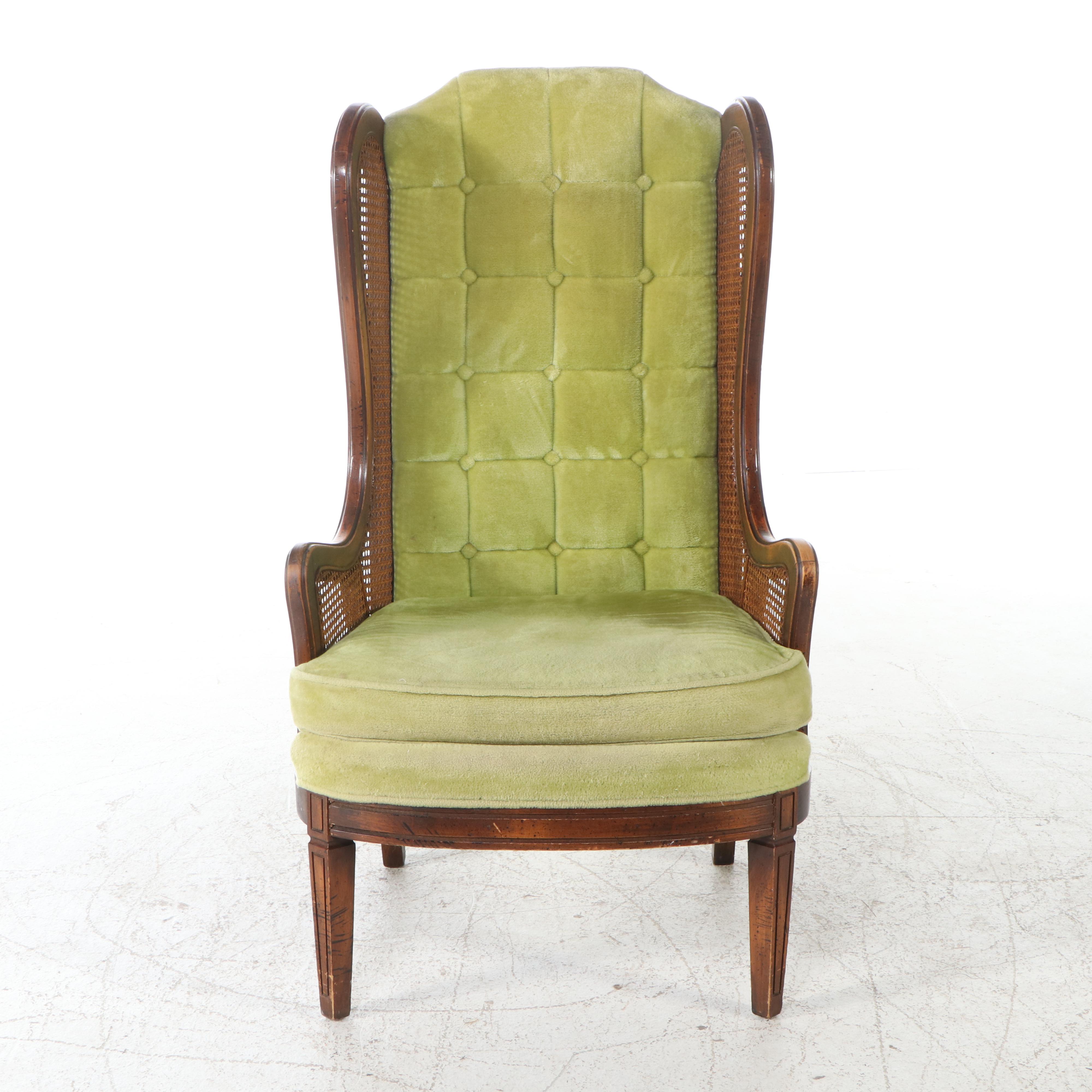 Mediterranean Style Walnut and Cane Button-Tufted Wingback Chair, Mid-20th C.