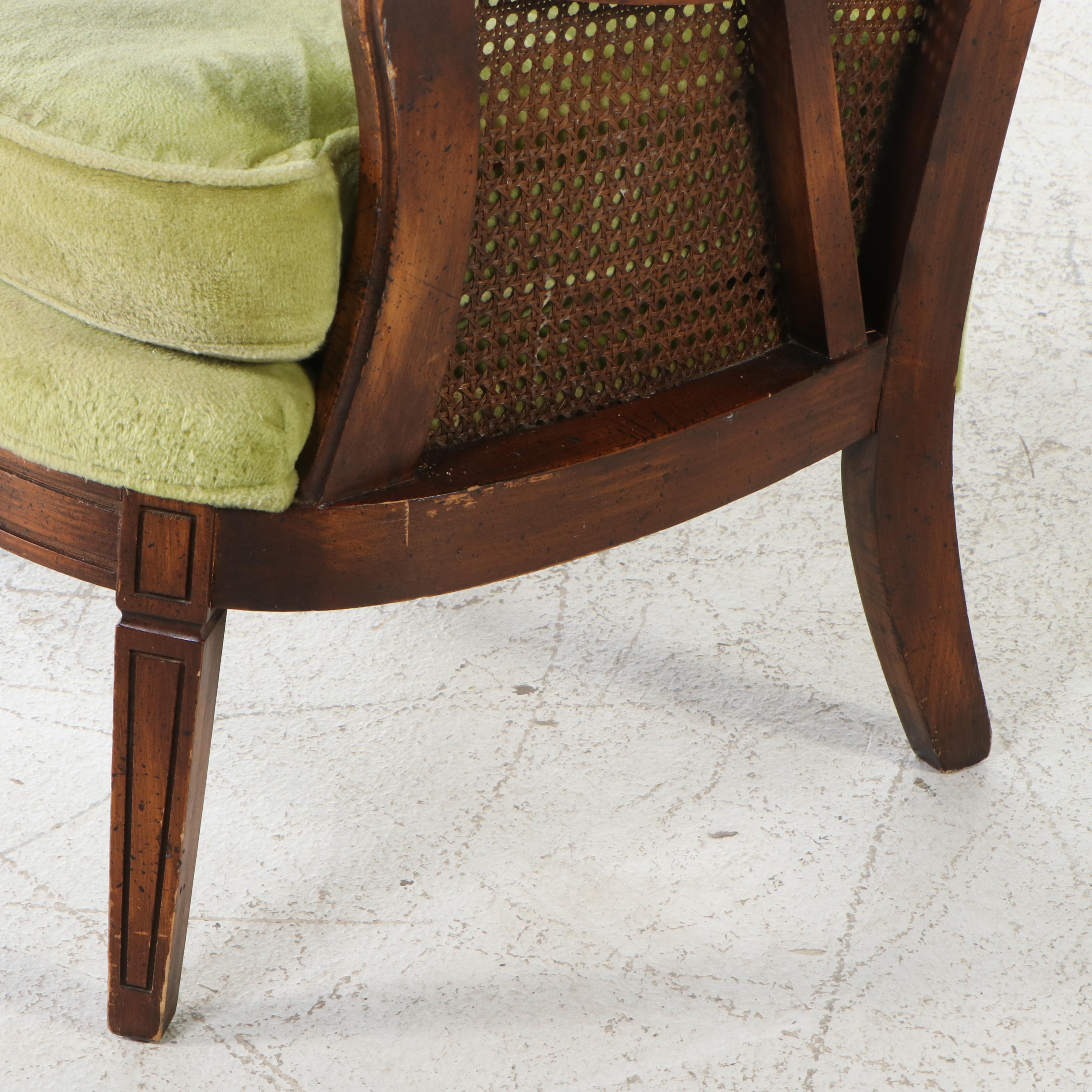 Mediterranean Style Walnut and Cane Button-Tufted Wingback Chair, Mid-20th C.