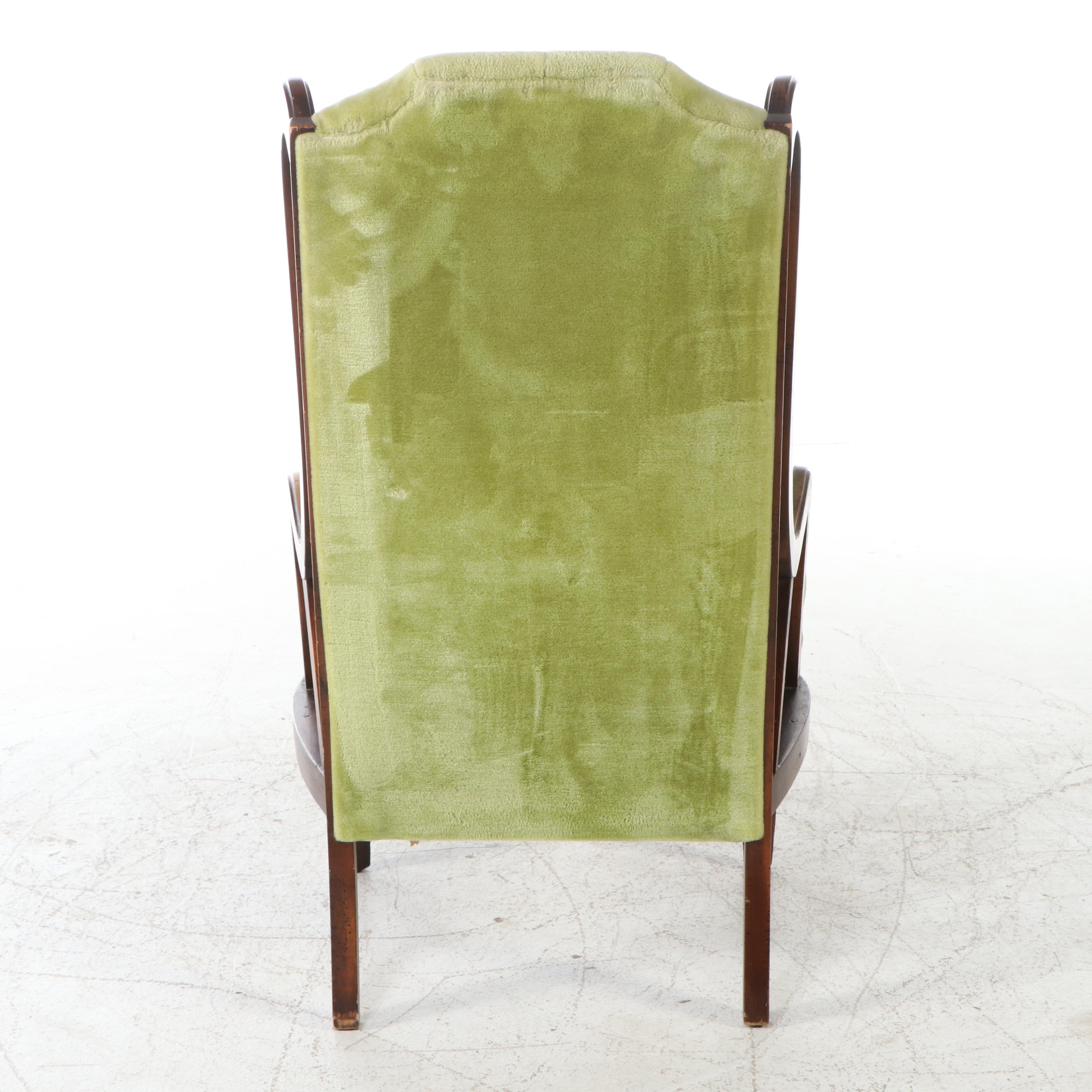 Mediterranean Style Walnut and Cane Button-Tufted Wingback Chair, Mid-20th C.