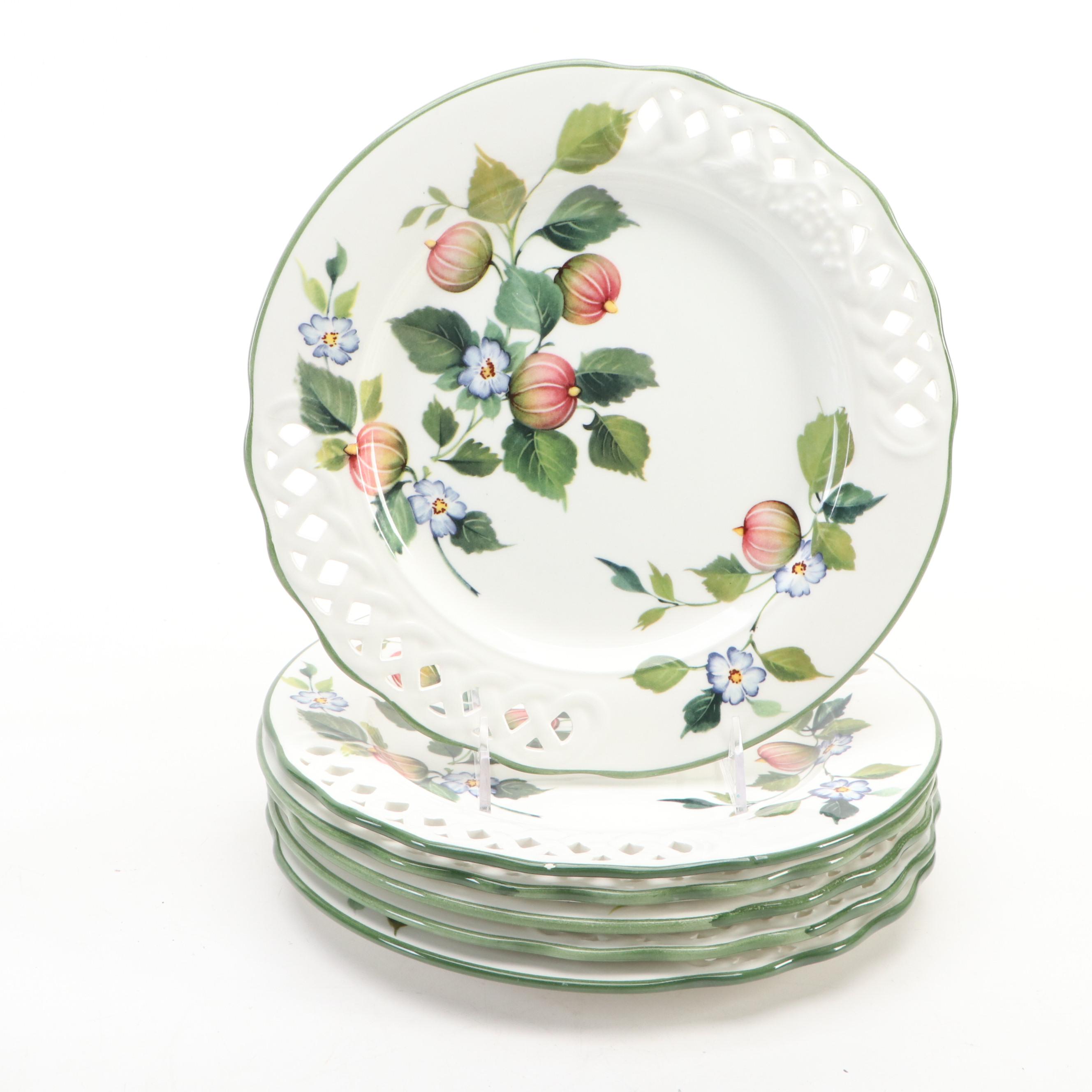 Brunelli Italian Ceramic Dinner Plates with Swan Figurine and Wood Tray