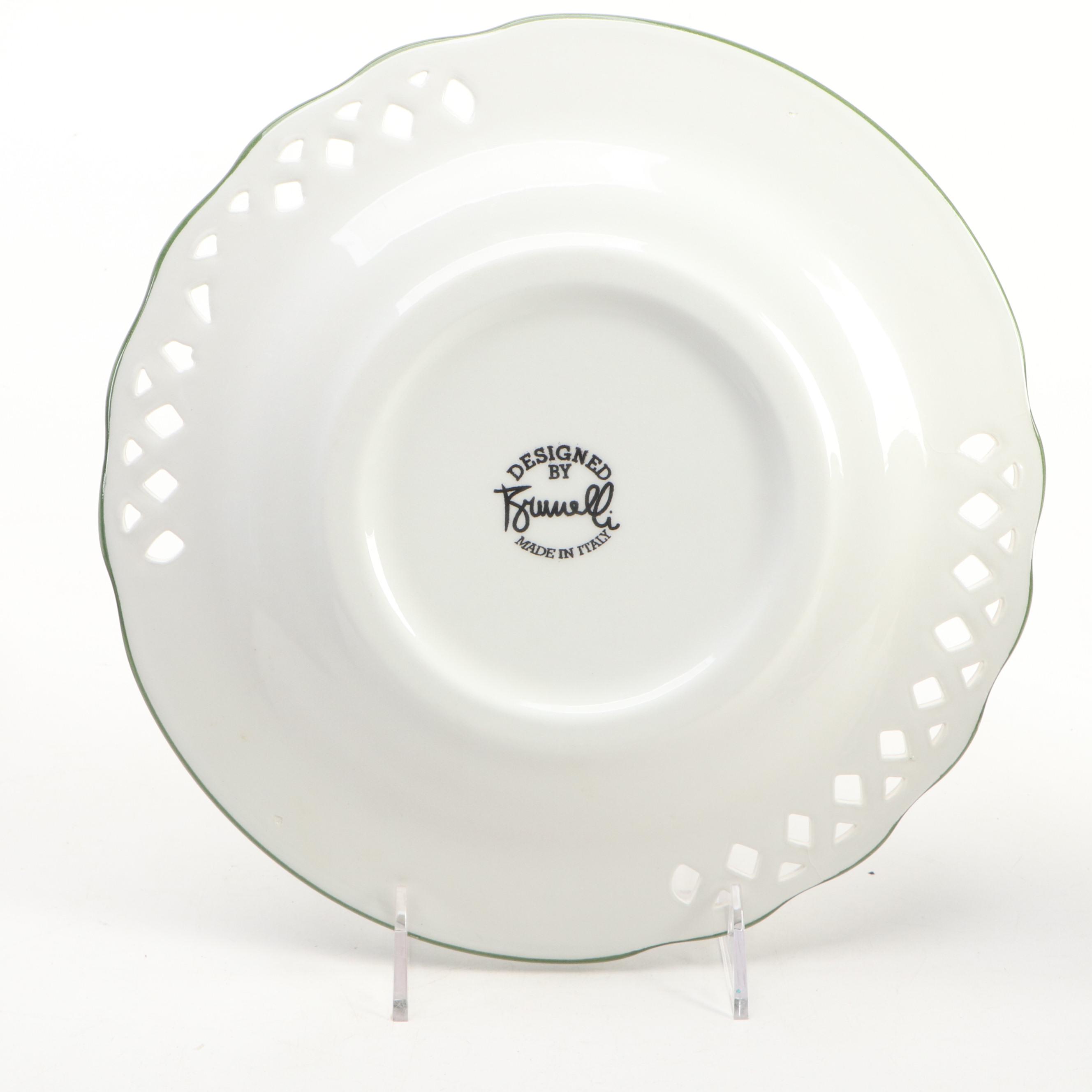 Brunelli Italian Ceramic Dinner Plates with Swan Figurine and Wood Tray