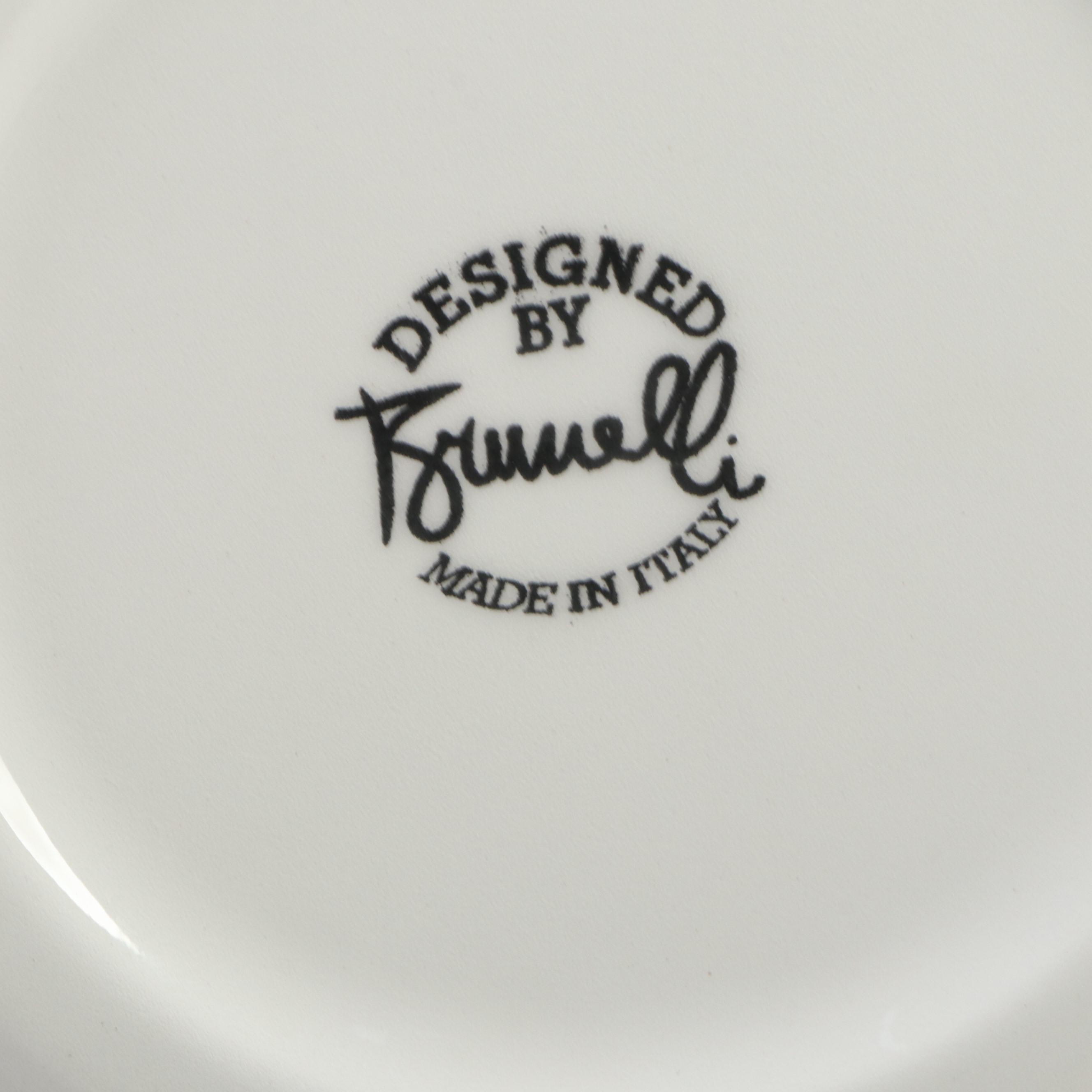 Brunelli Italian Ceramic Dinner Plates with Swan Figurine and Wood Tray