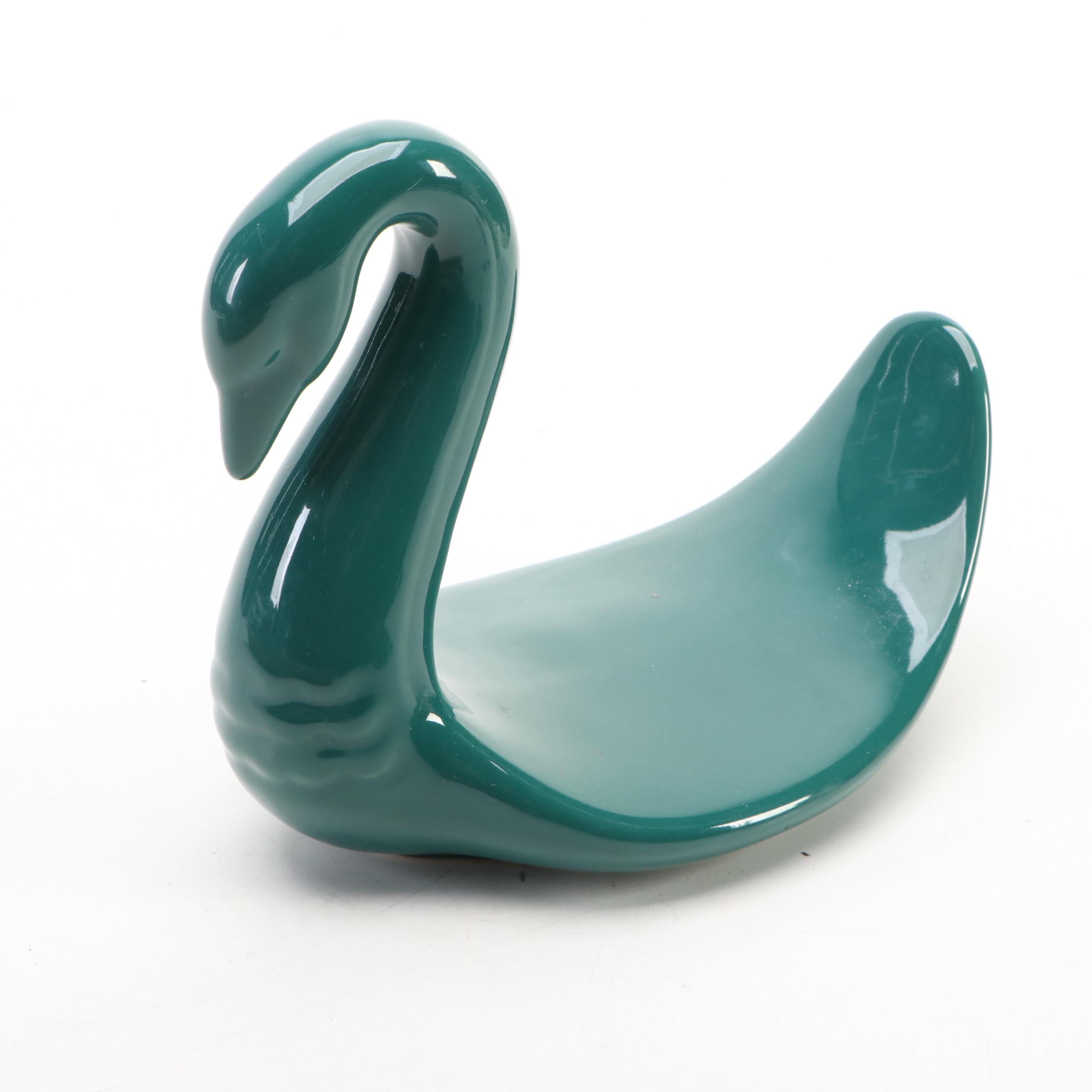 Brunelli Italian Ceramic Dinner Plates with Swan Figurine and Wood Tray