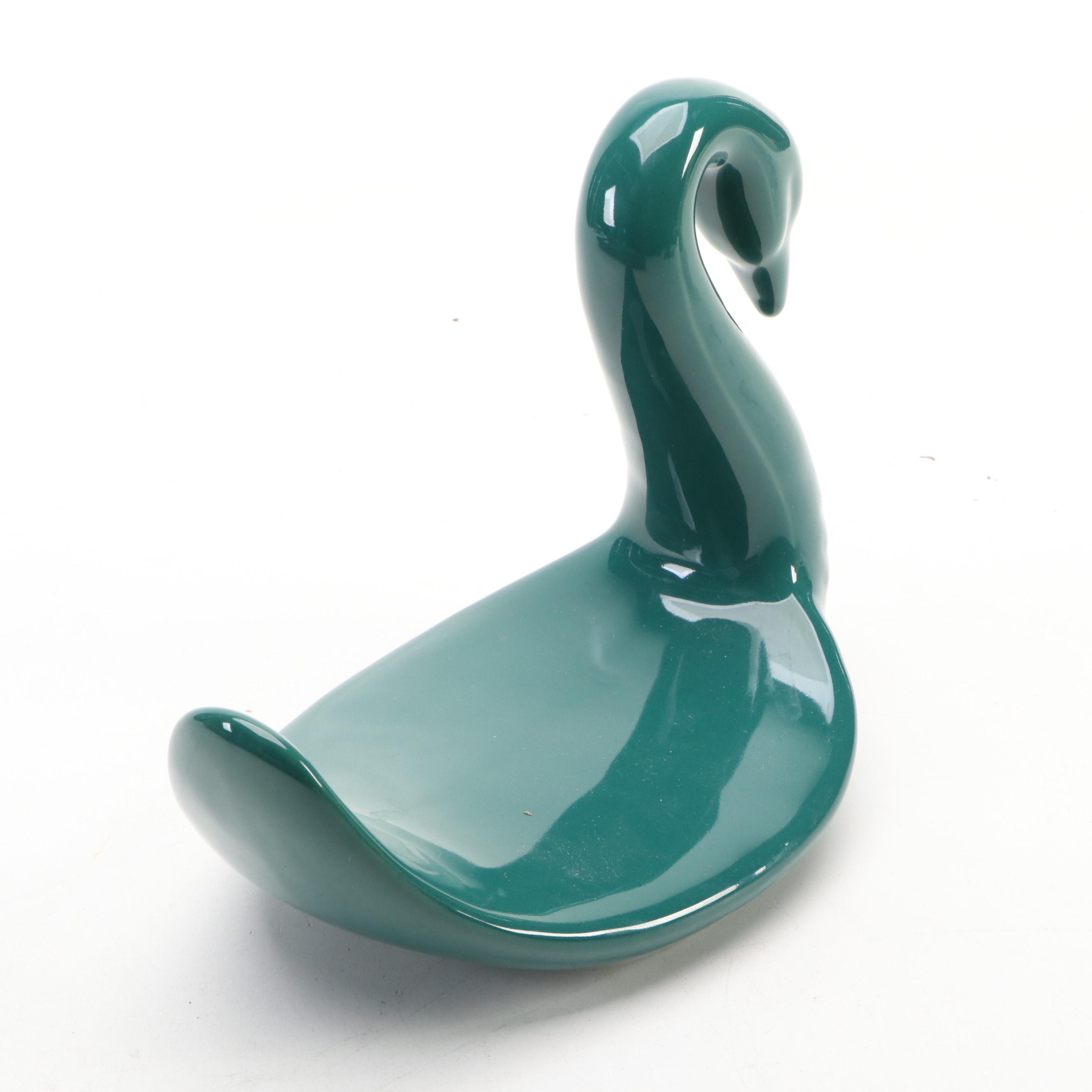 Brunelli Italian Ceramic Dinner Plates with Swan Figurine and Wood Tray