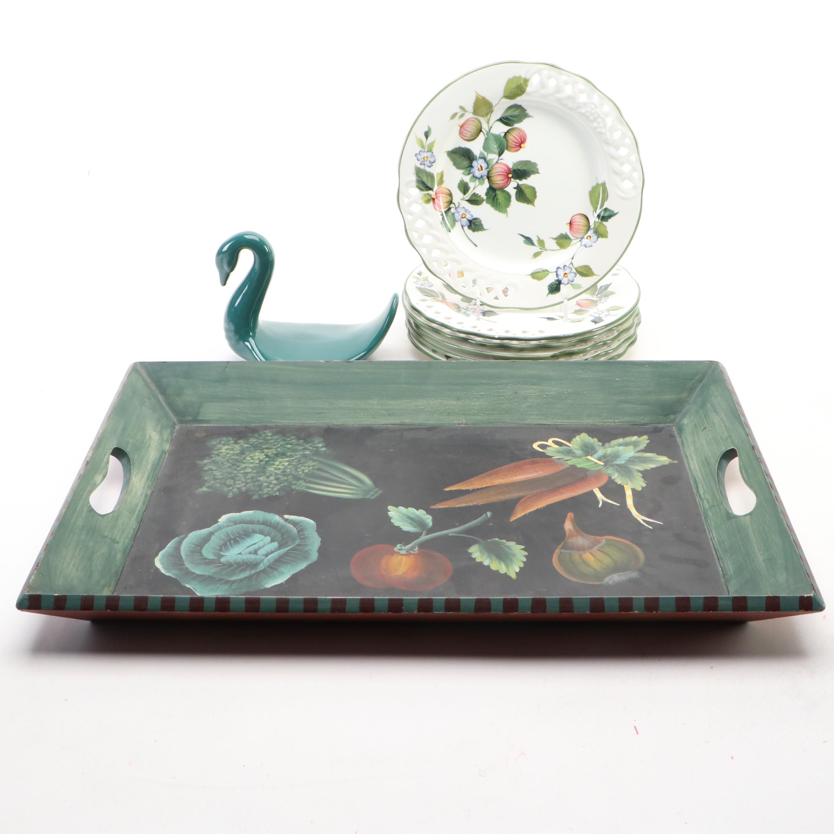 Brunelli Italian Ceramic Dinner Plates with Swan Figurine and Wood Tray