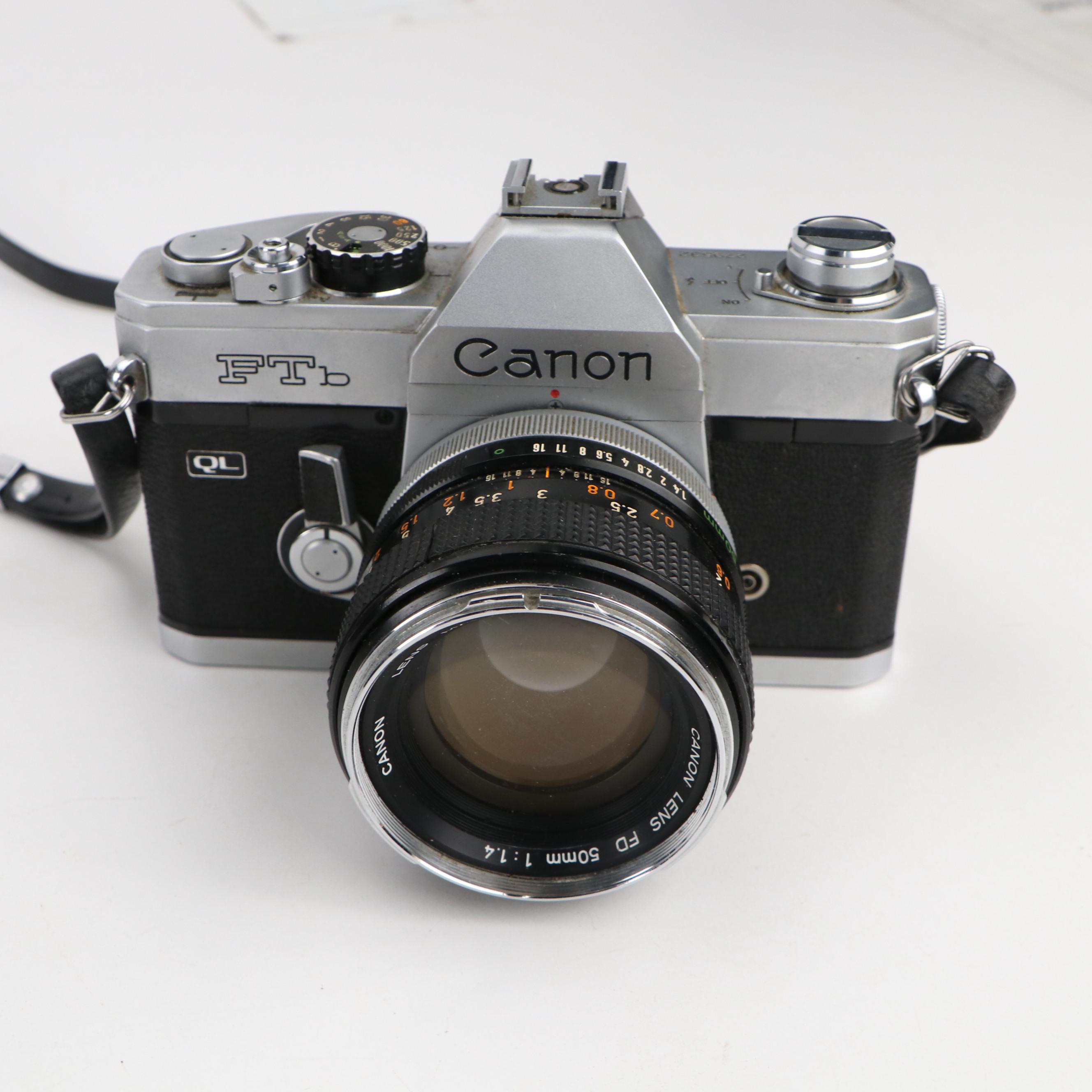 Nikon N75 and Canon Ftb Cameras with Lenses, Bag and Film