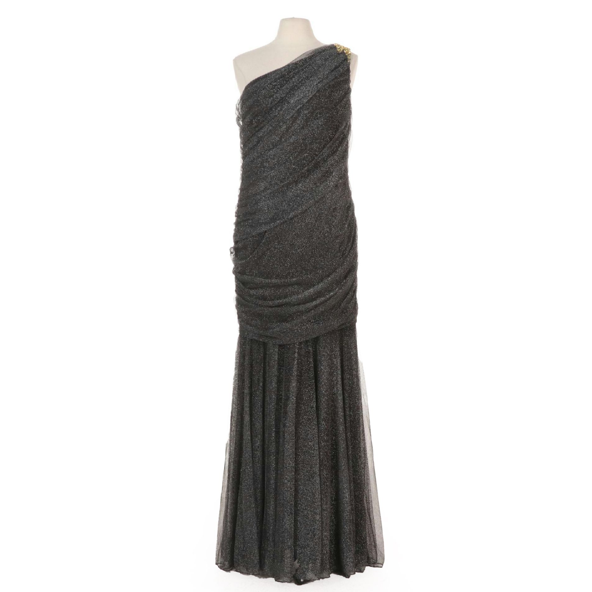 Tadashi Shoji Metallic Silver One-Shoulder Evening Gown