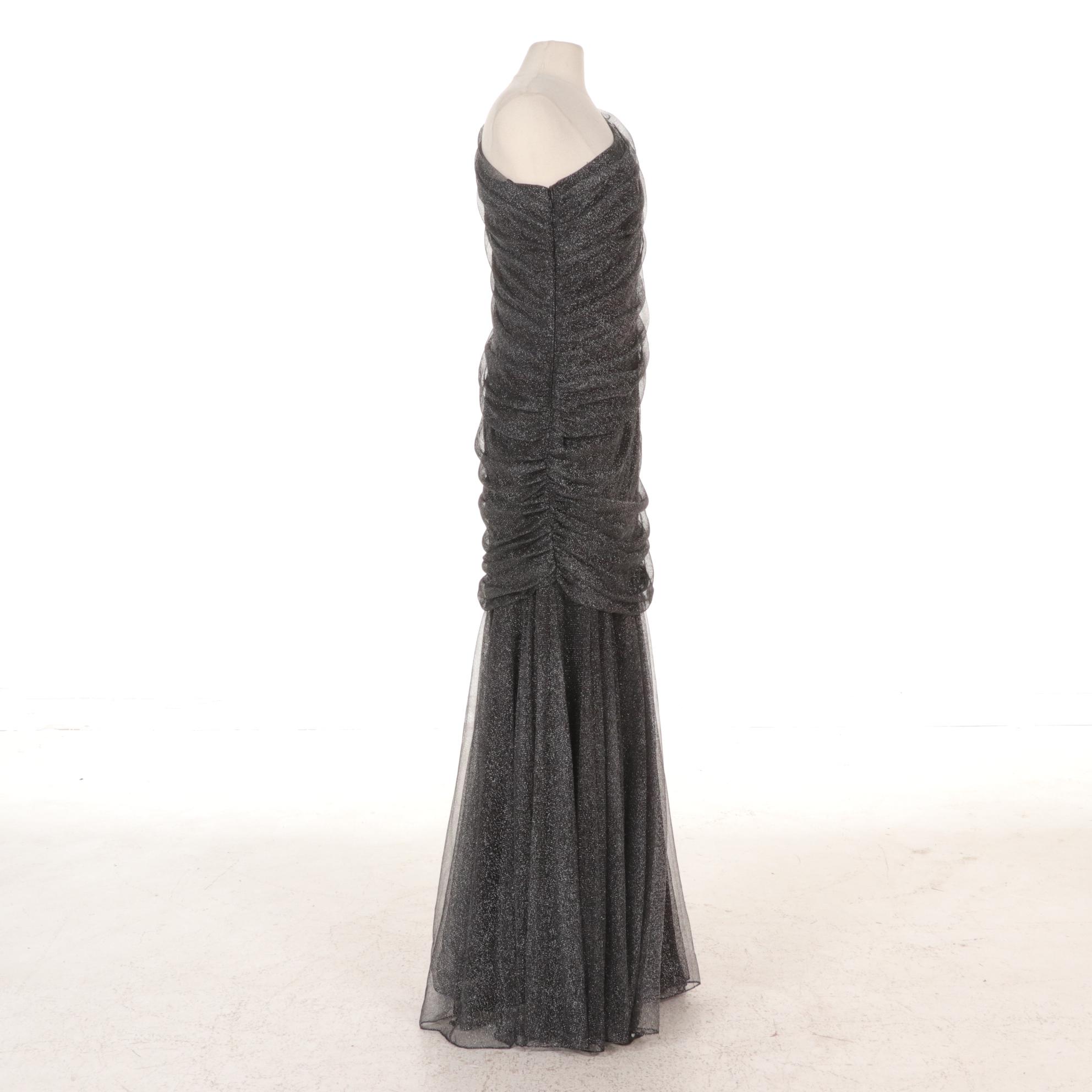 Tadashi Shoji Metallic Silver One-Shoulder Evening Gown