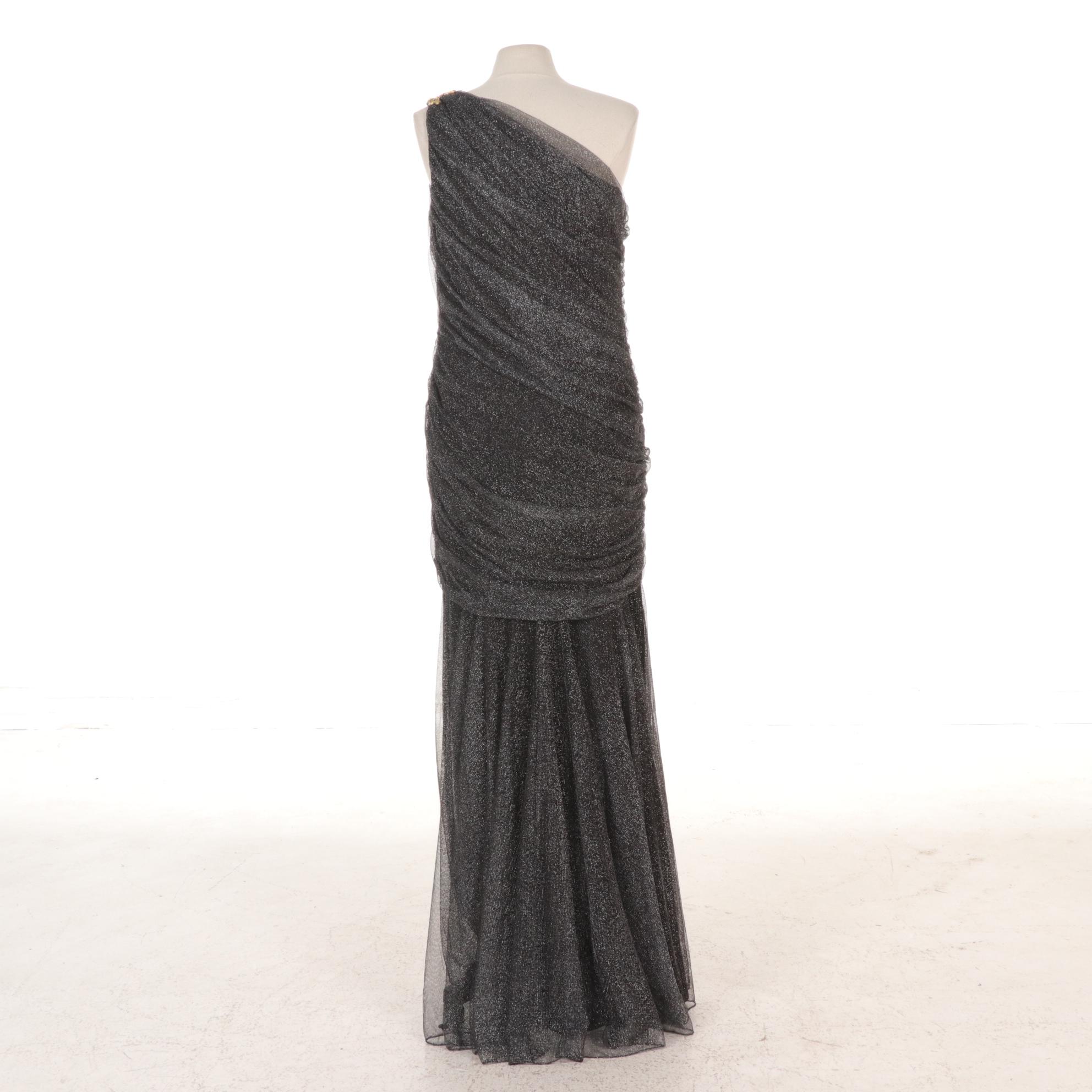 Tadashi Shoji Metallic Silver One-Shoulder Evening Gown