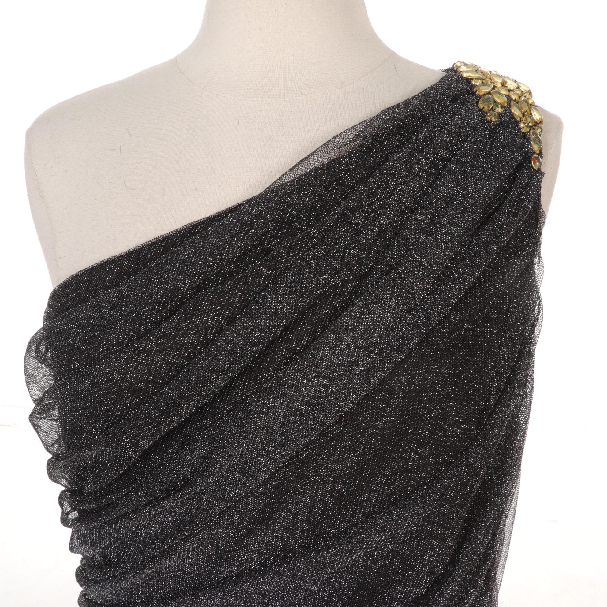 Tadashi Shoji Metallic Silver One-Shoulder Evening Gown