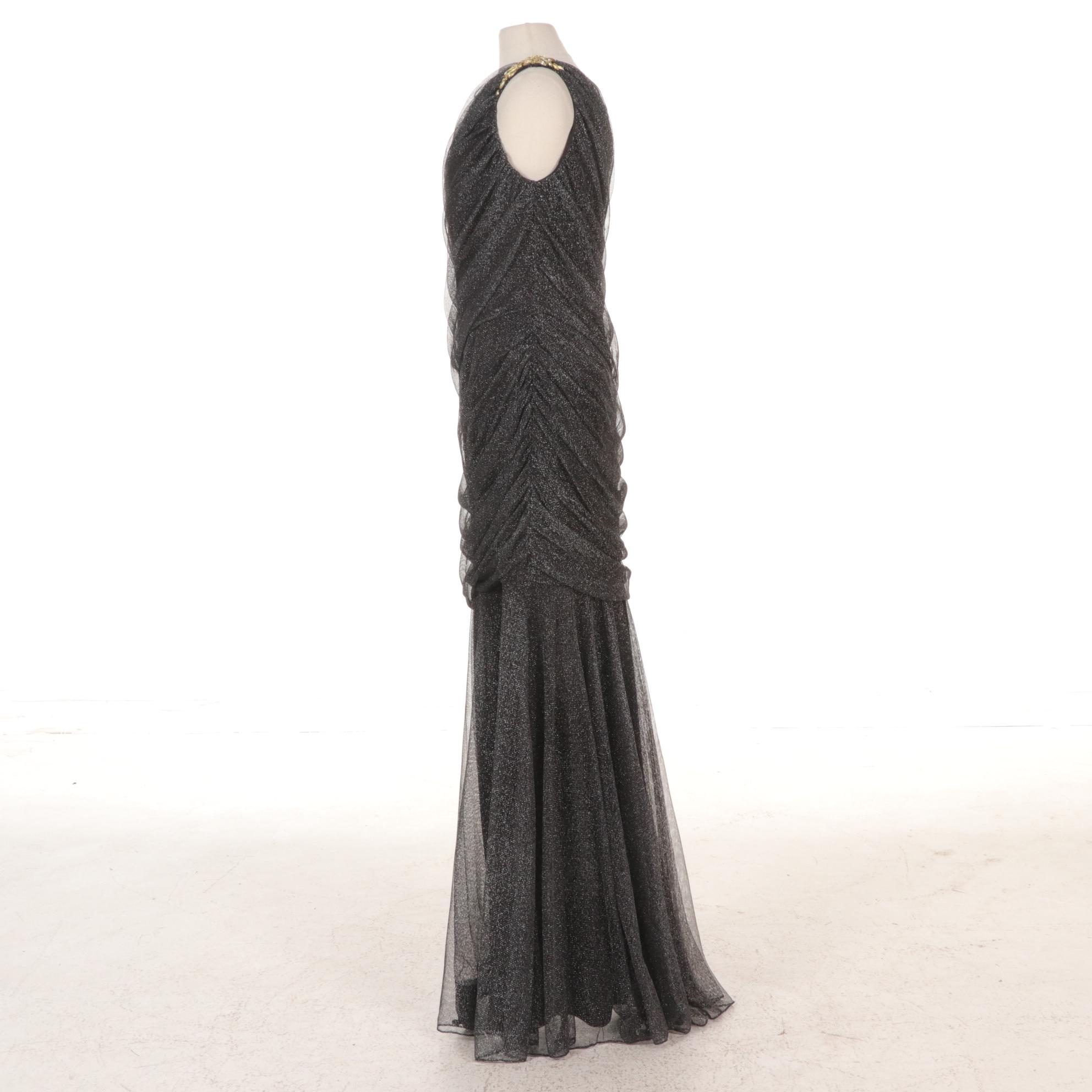 Tadashi Shoji Metallic Silver One-Shoulder Evening Gown