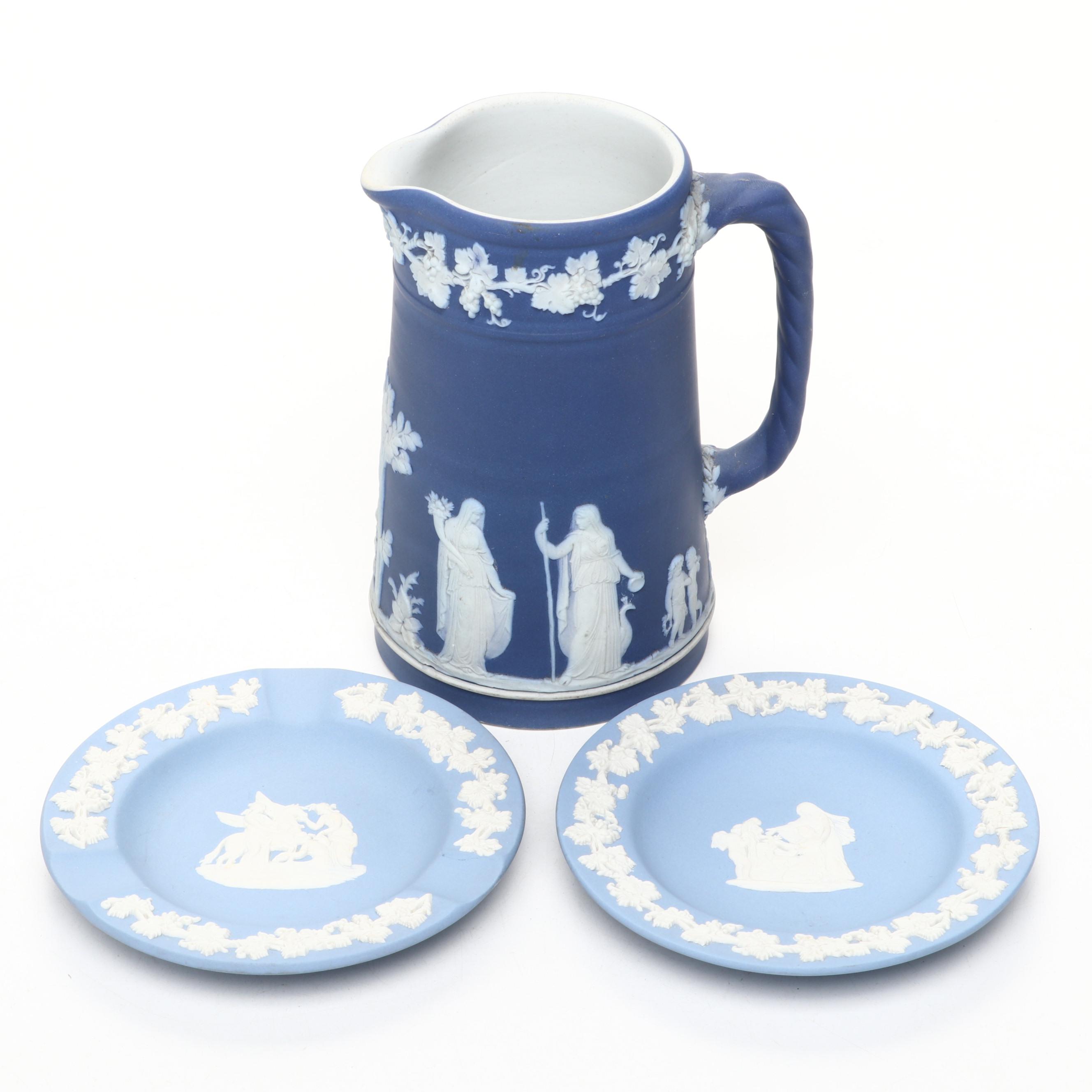 Wedgwood Jasperware Pitcher, Ashtray, and Small Dish