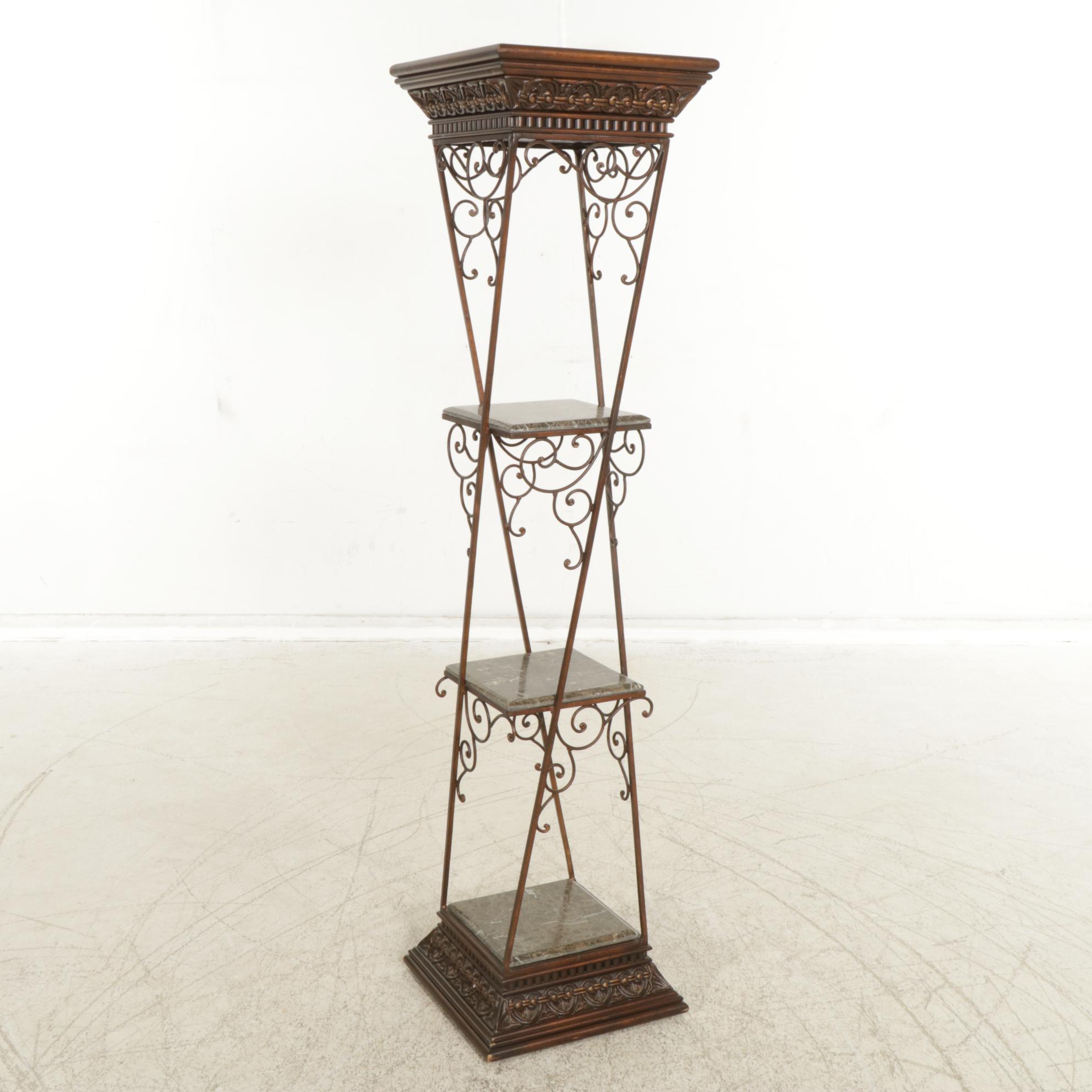 Neoclassical Metal Display with Tessellated Marble Shelves