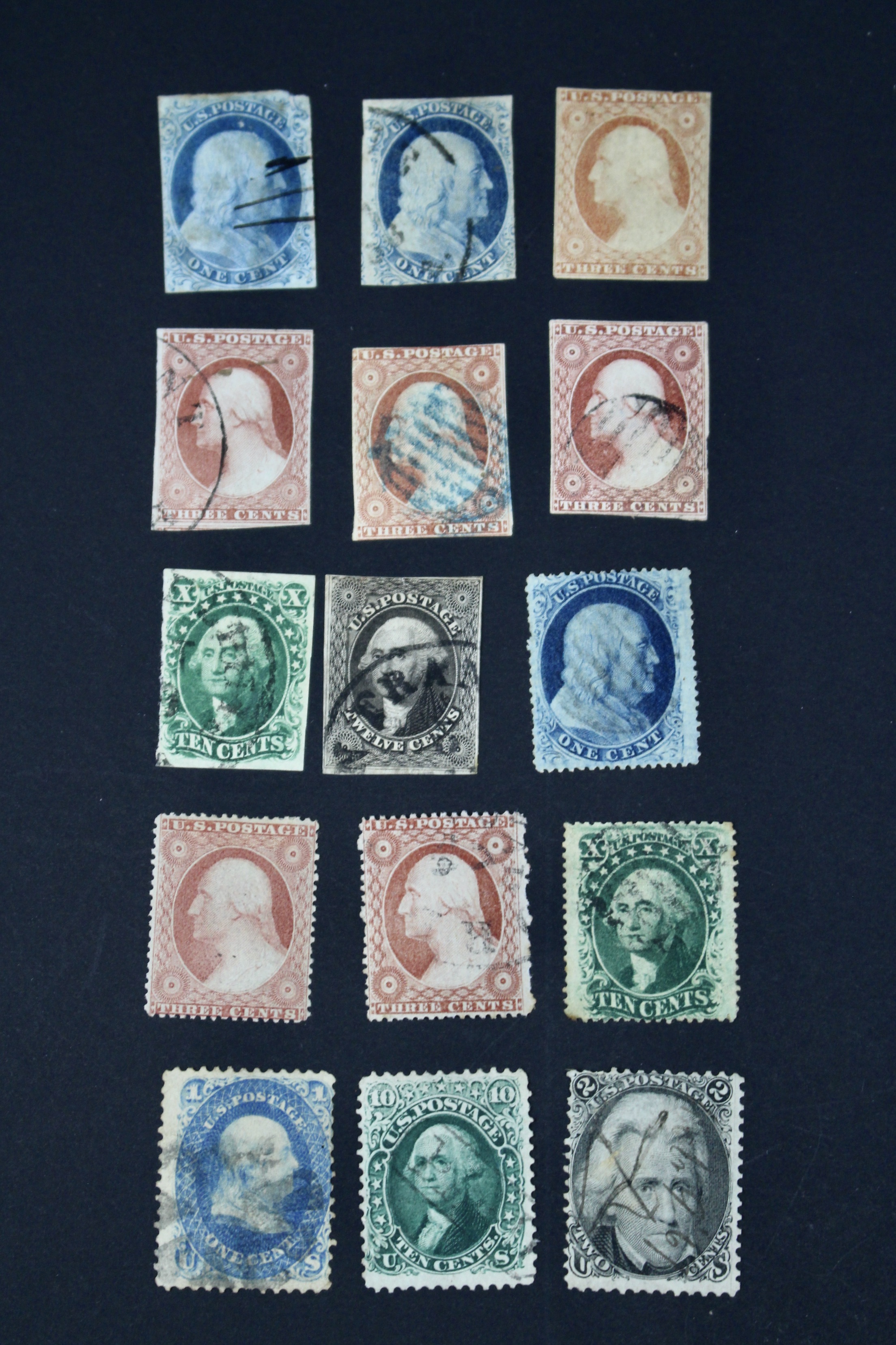 Fifteen Early American Postage Stamps, Scott #s 7 to 73